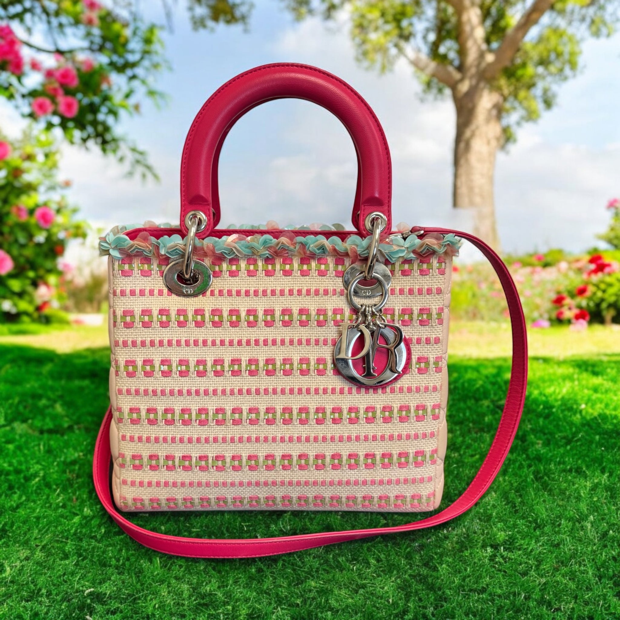 Christian Dior Pink Multicolor Woven Tweed & Cannage Leather Lady Dior