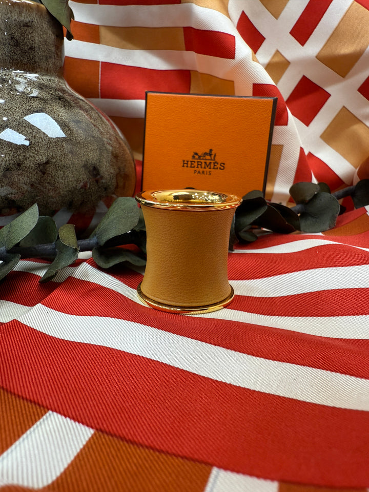 Hermes Tan Leather & Gold Scarf Ring