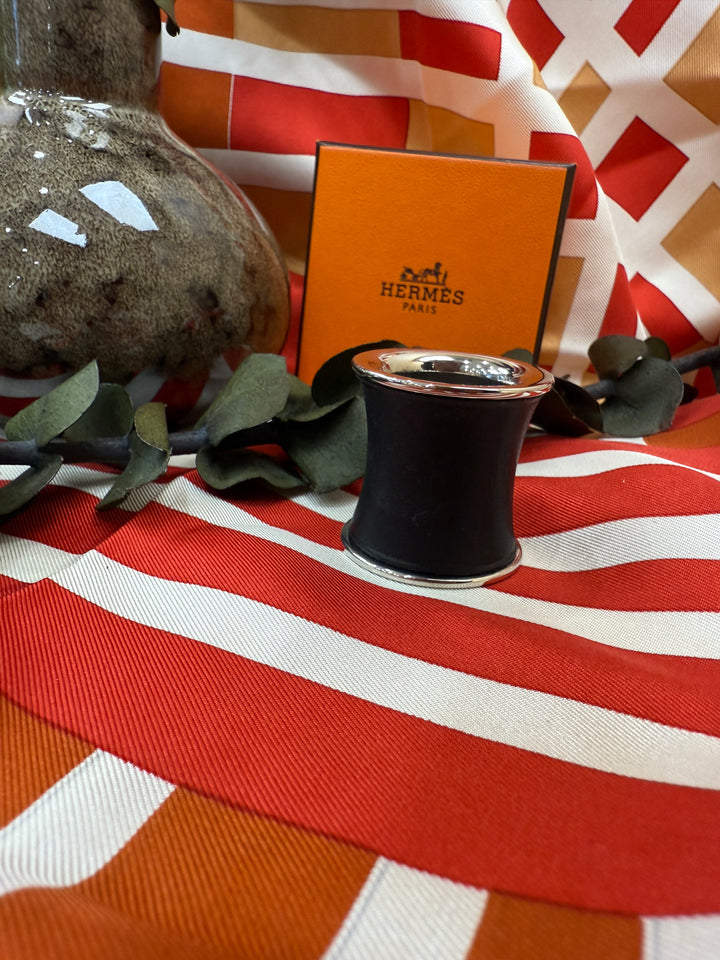 Hermes Black Leather & Silver Scarf Ring