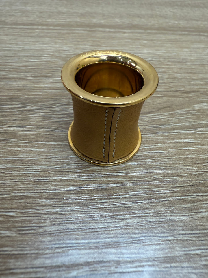 Hermes Tan Leather & Gold Scarf Ring