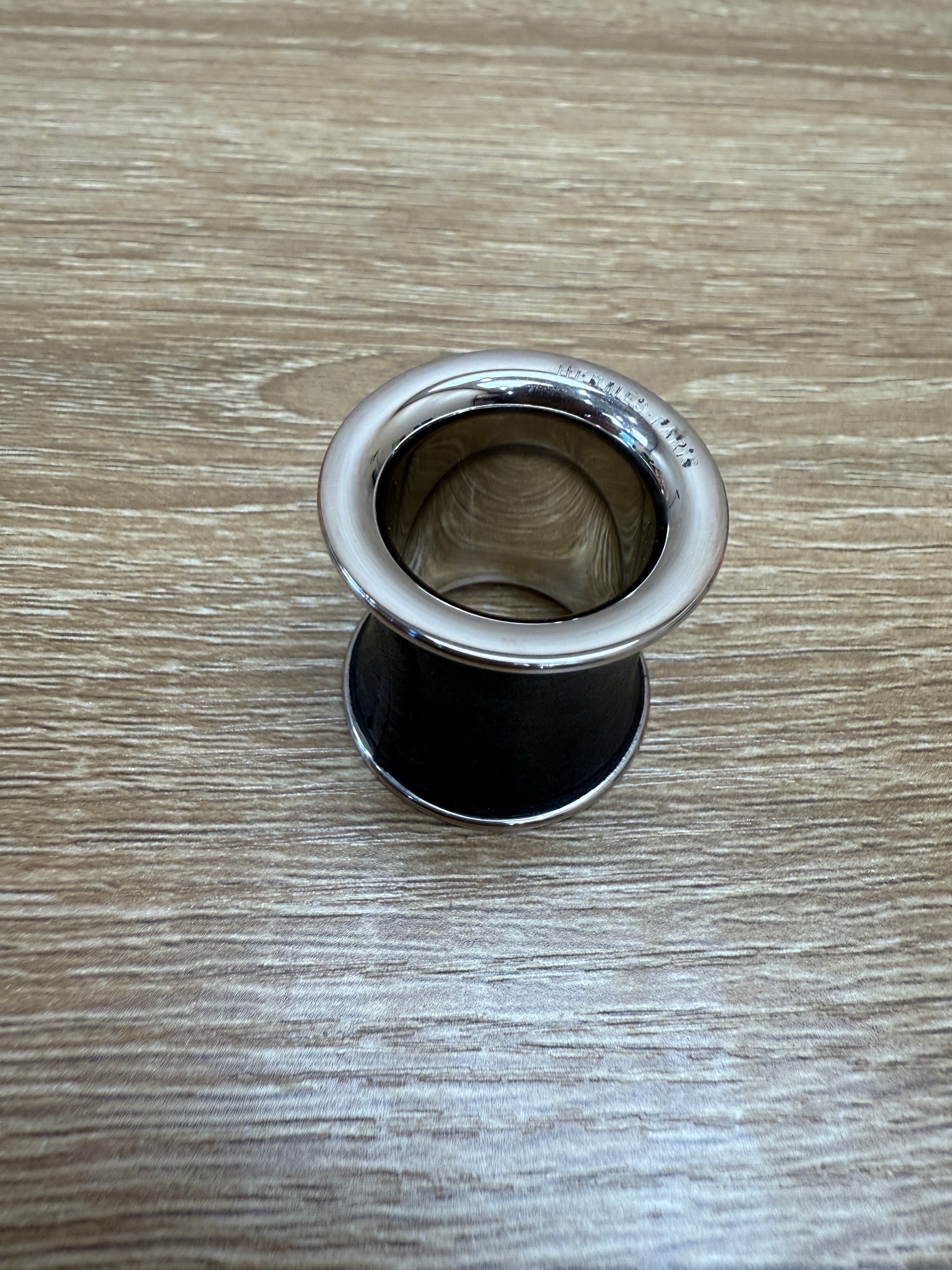 Hermes Black Leather & Silver Scarf Ring