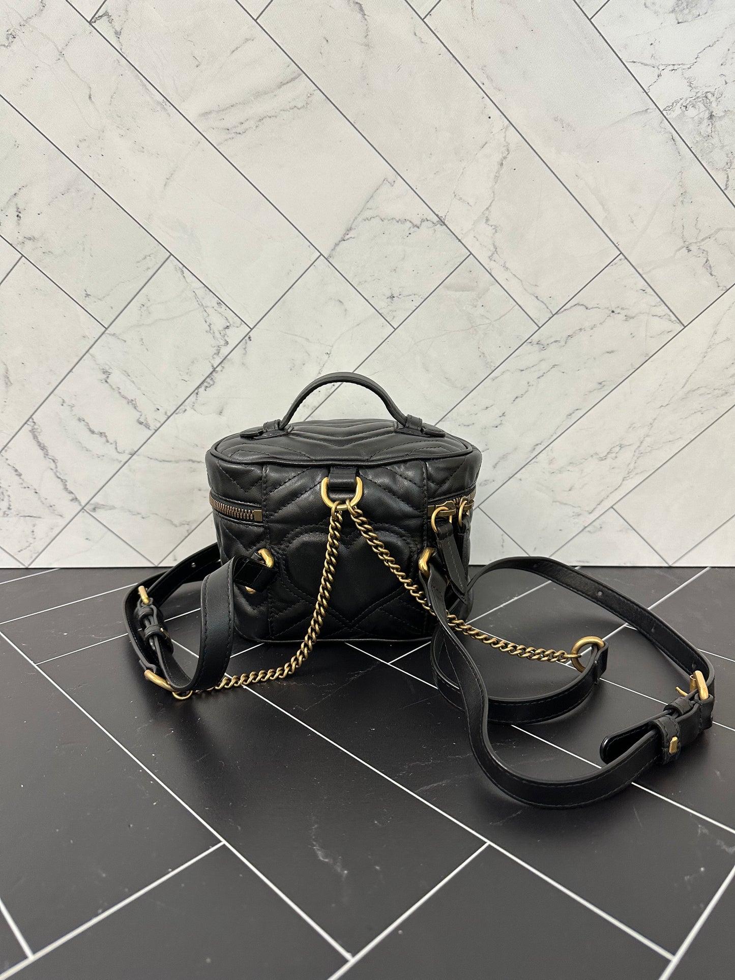 Gucci GG Marmont Black Leather Chevron Mini Backpack