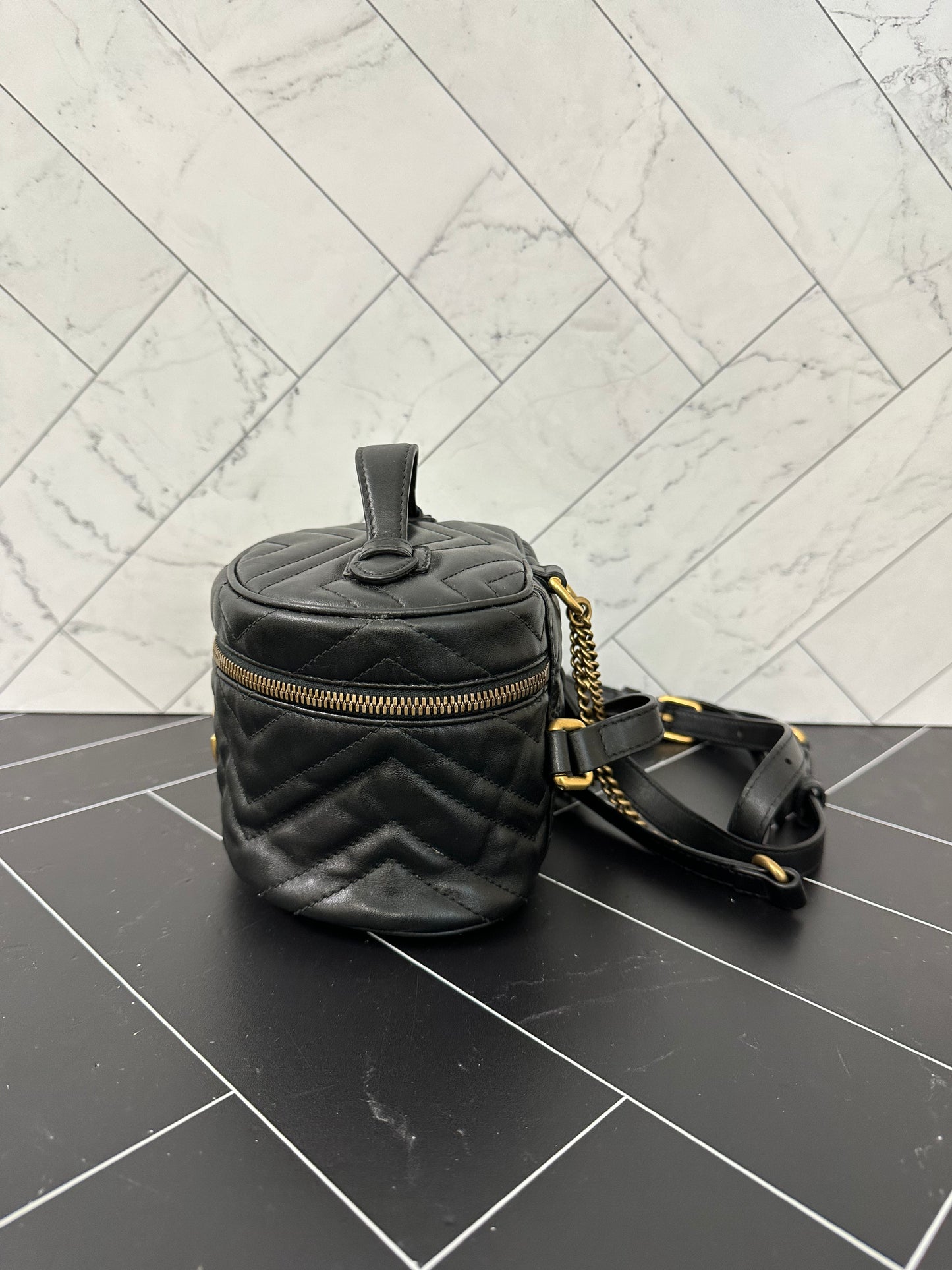 Gucci GG Marmont Black Leather Chevron Mini Backpack