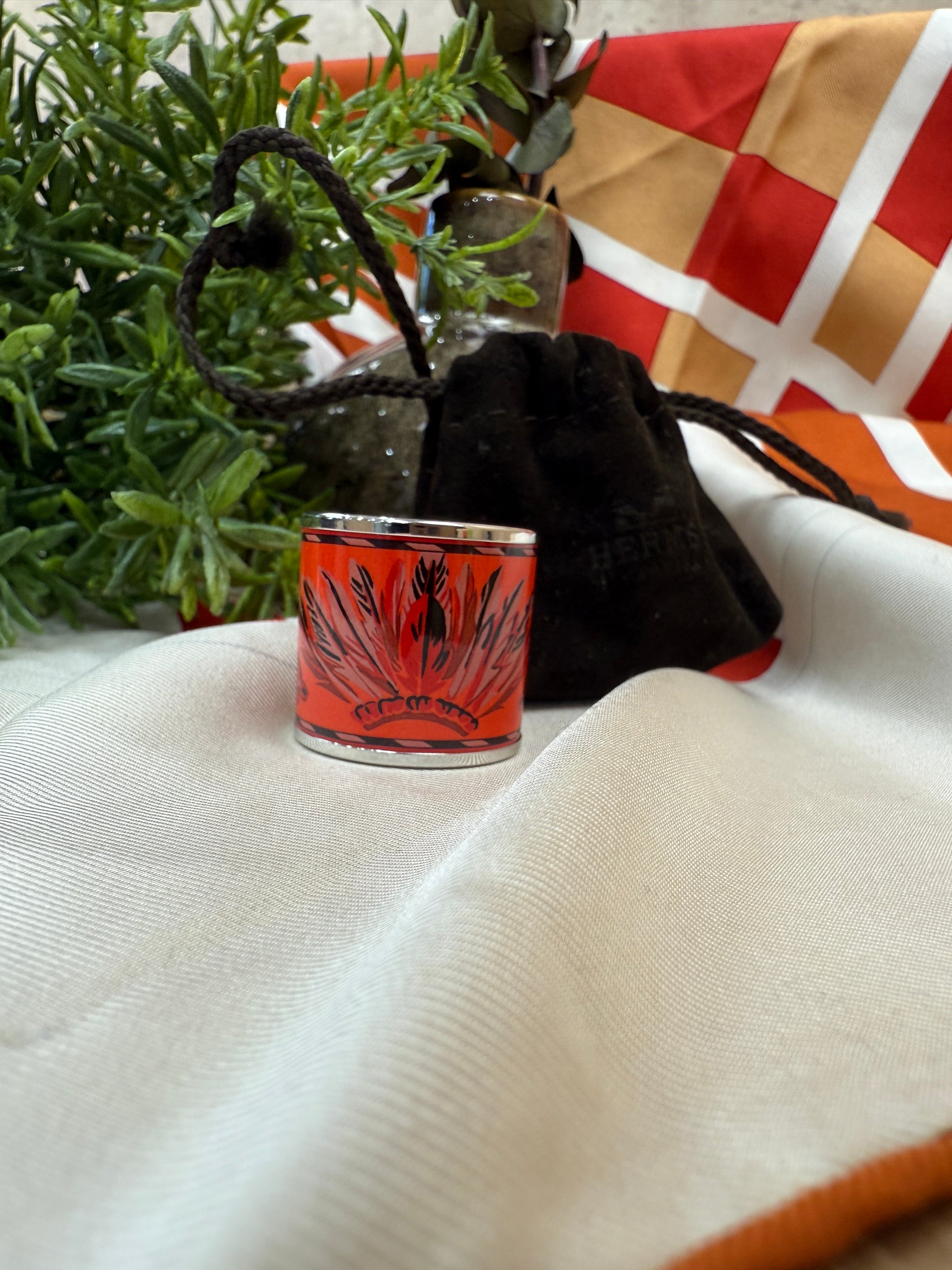 Hermes Orange Printed Enamel Scarf Ring