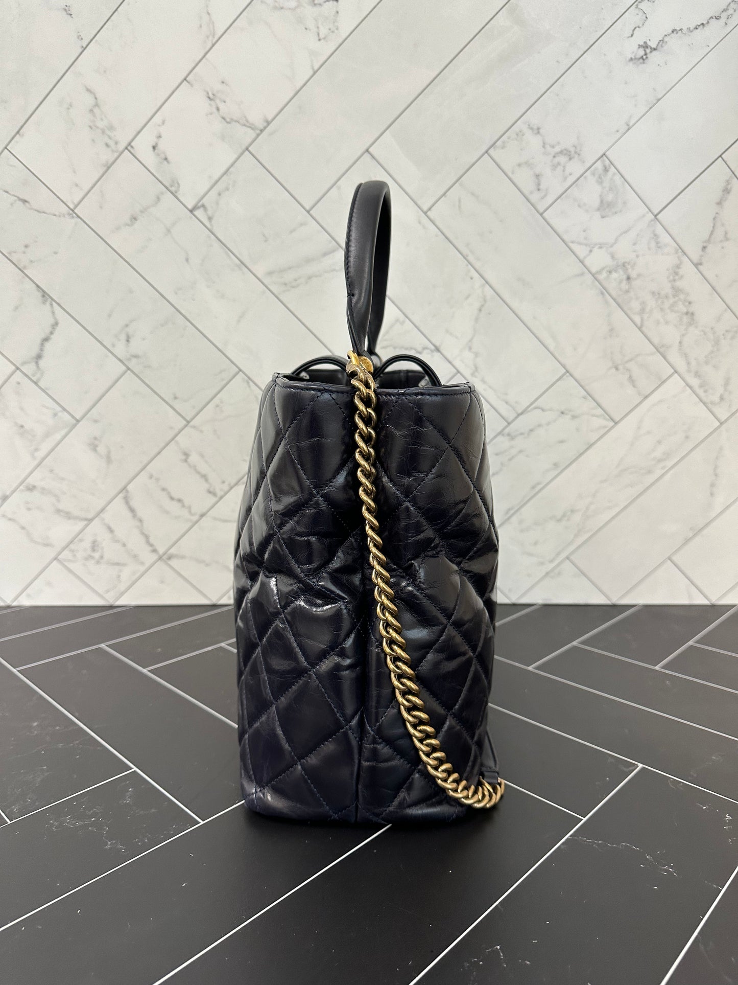 Chanel Navy Blue Quilted Lambskin Leather Goldbar Tote