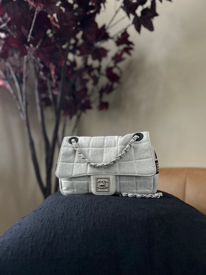 Chanel Light Grey Jersey Quilted Sport Line Flap Bag