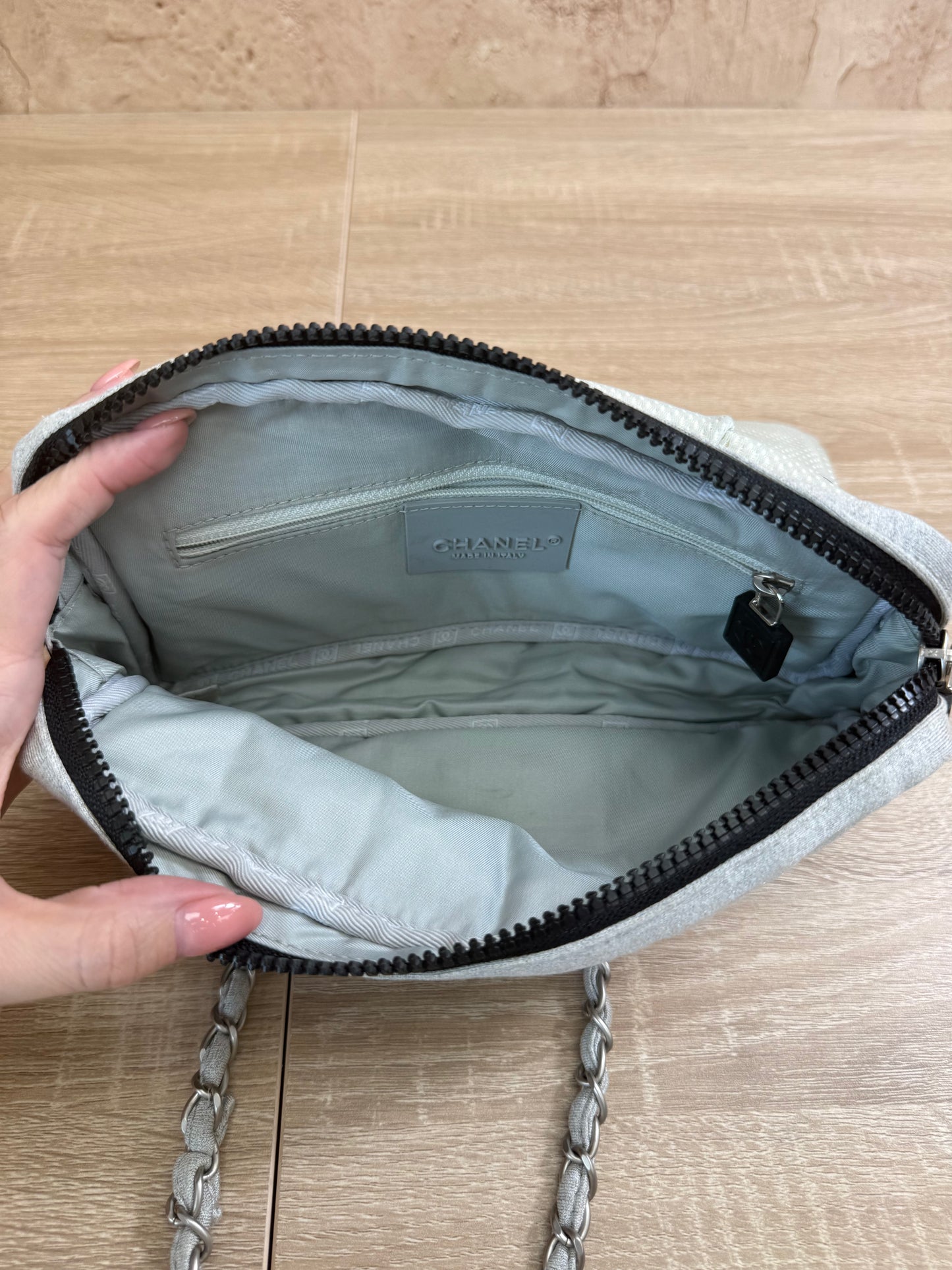 Chanel Light Grey Jersey Quilted Sport Line Flap Bag
