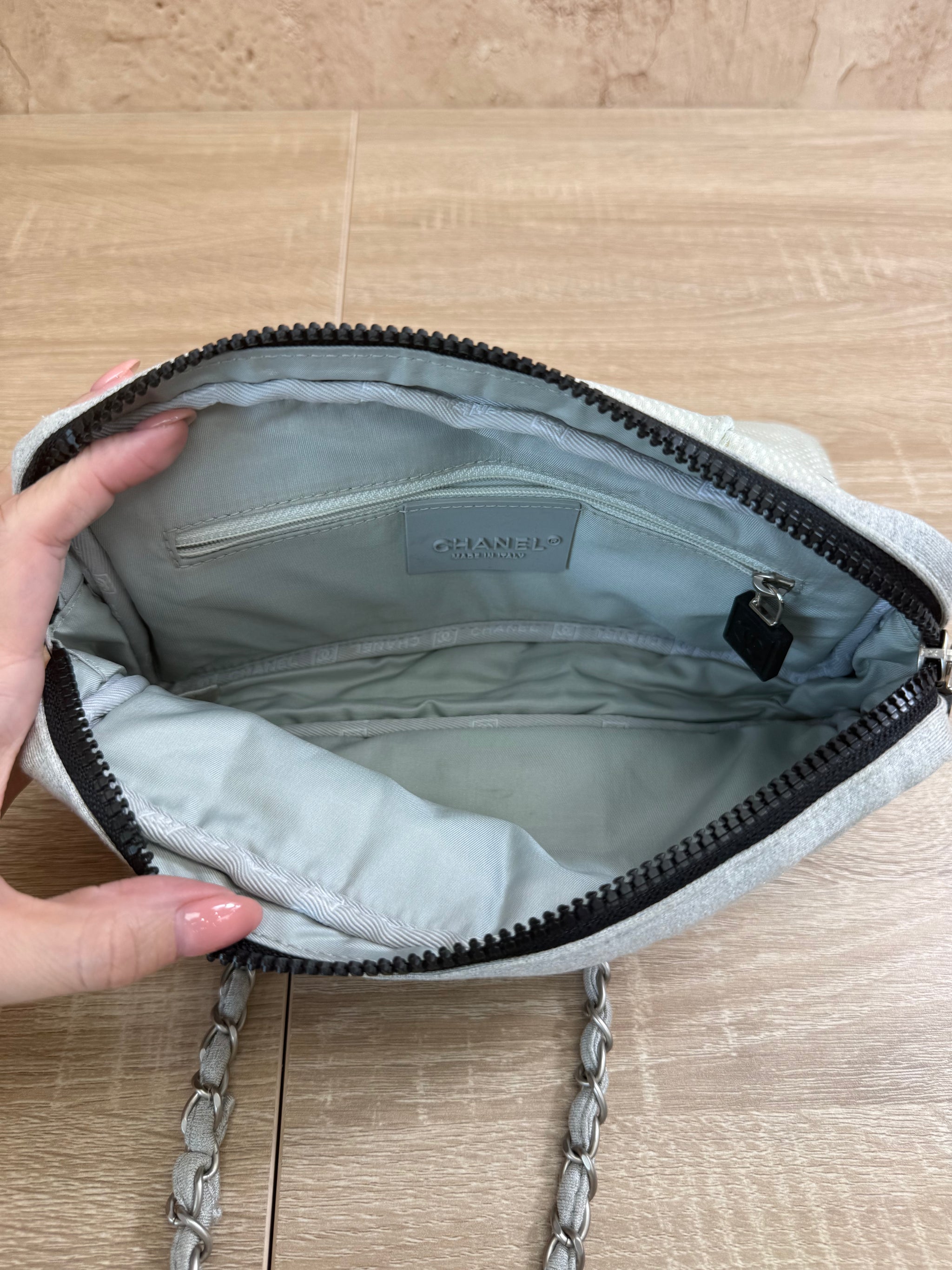 Chanel Light Grey Jersey Quilted Sport Line Flap Bag