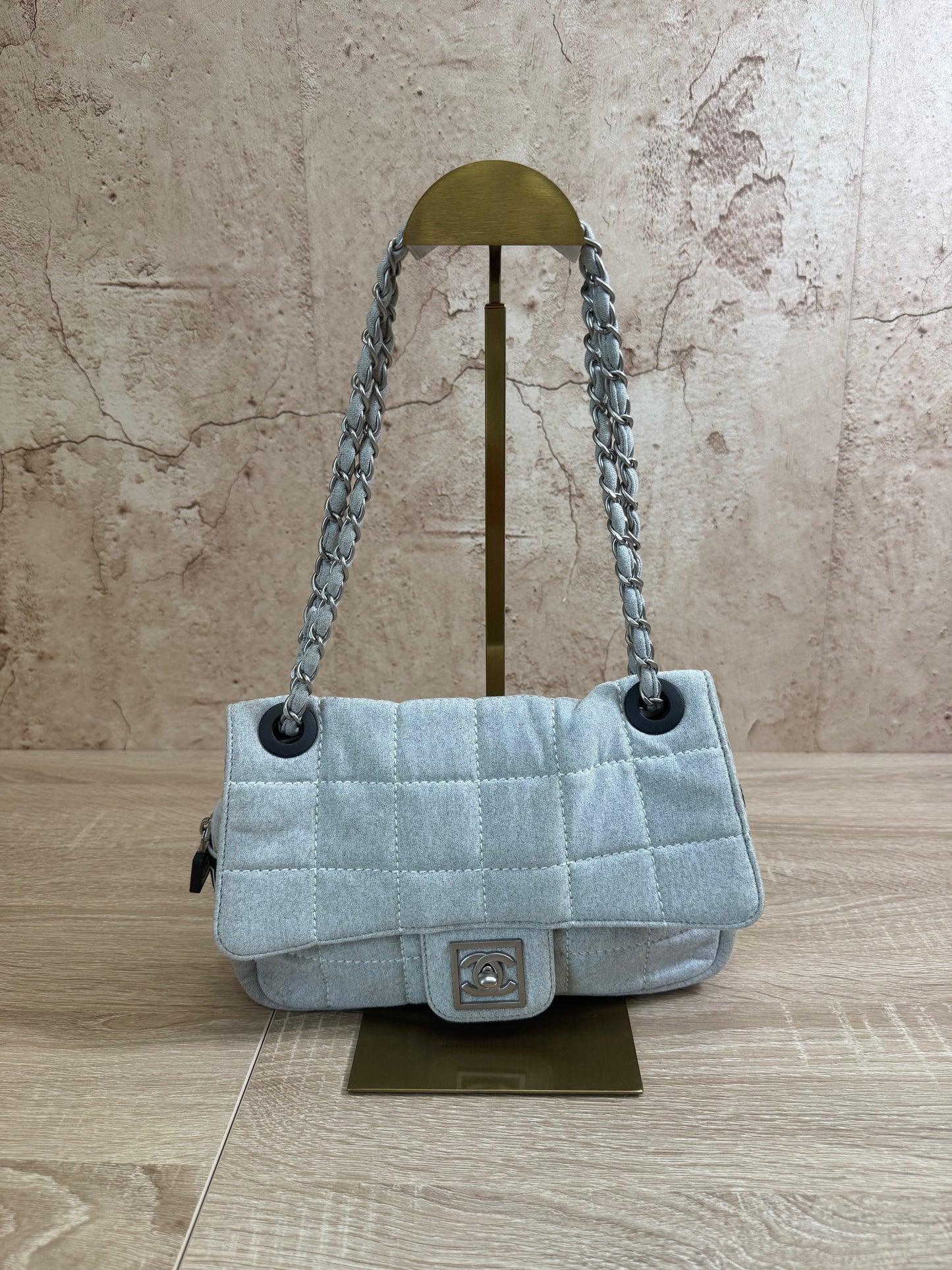 Chanel Light Grey Jersey Quilted Sport Line Flap Bag
