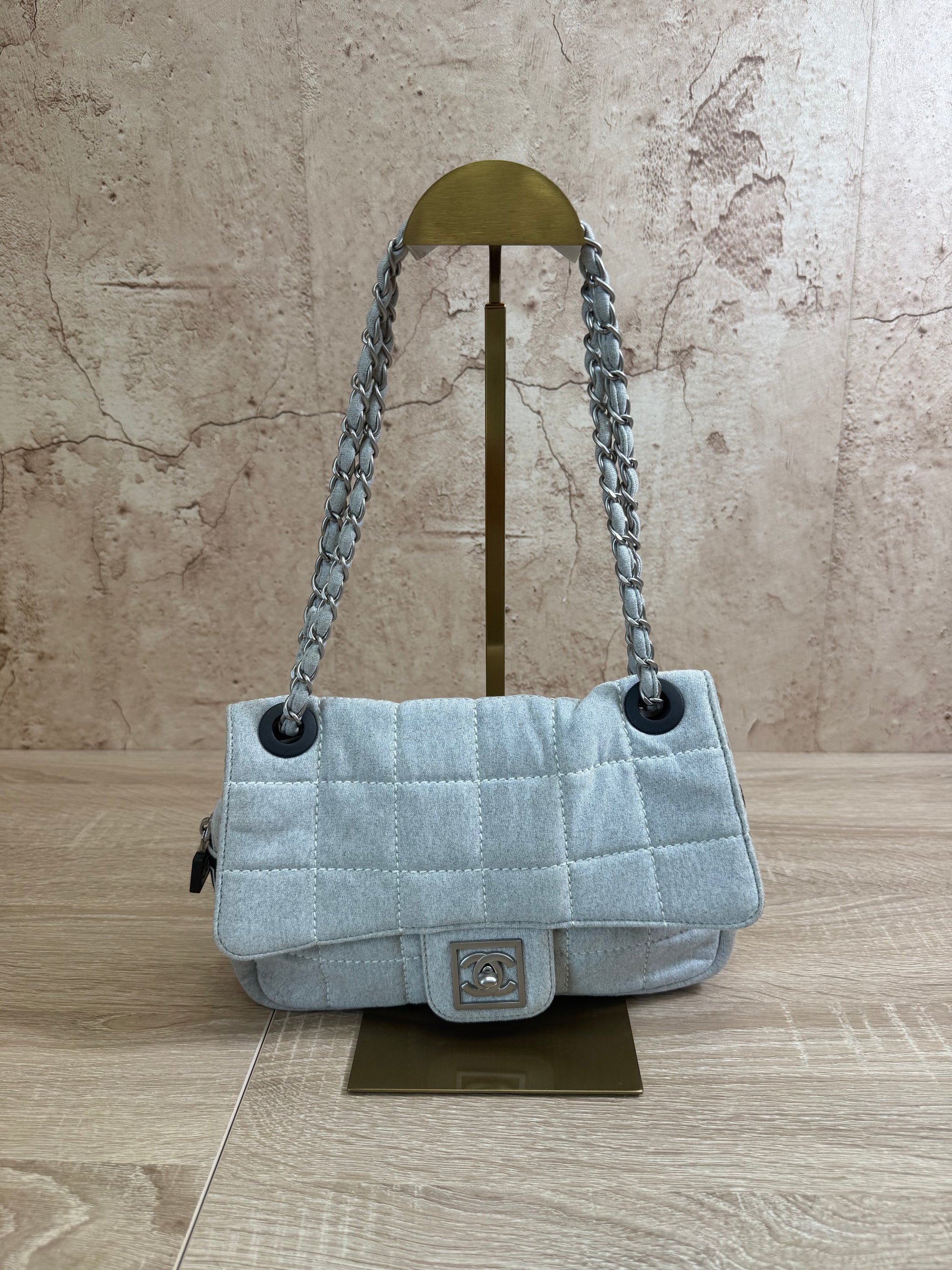 Chanel Light Grey Jersey Quilted Sport Line Flap Bag
