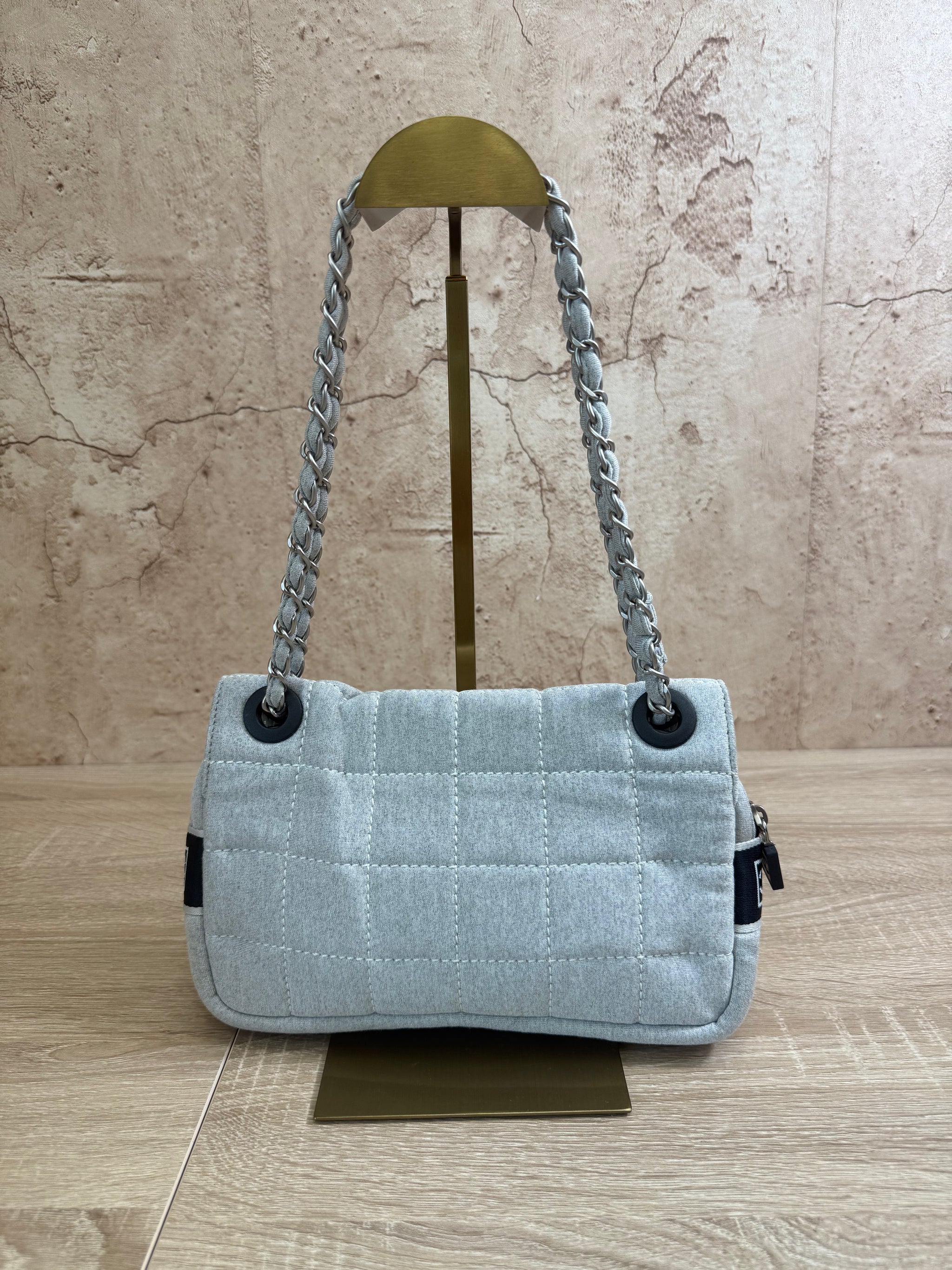 Chanel Light Grey Jersey Quilted Sport Line Flap Bag