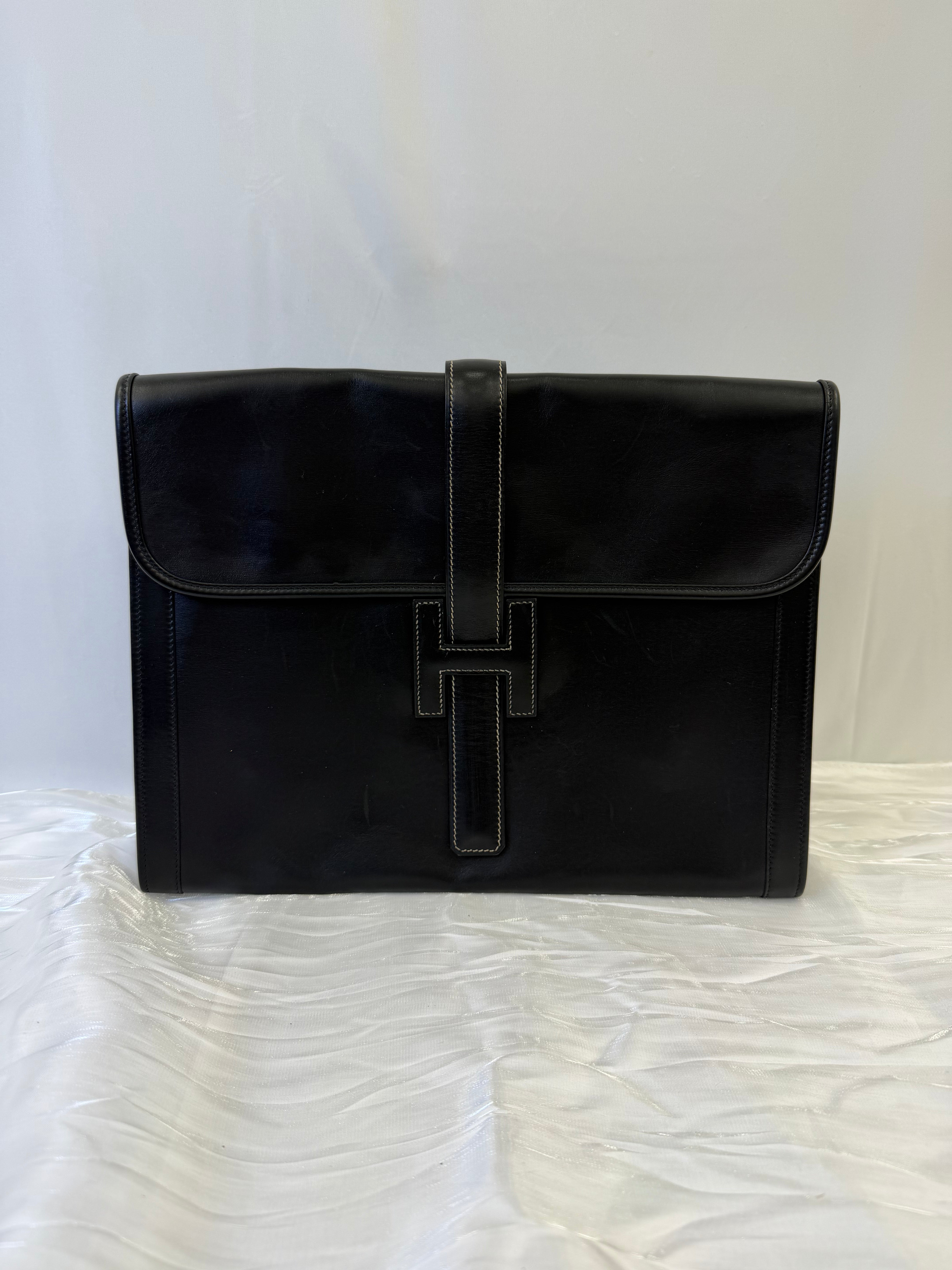 Hermes Black Leather Box Jige Clutch GM