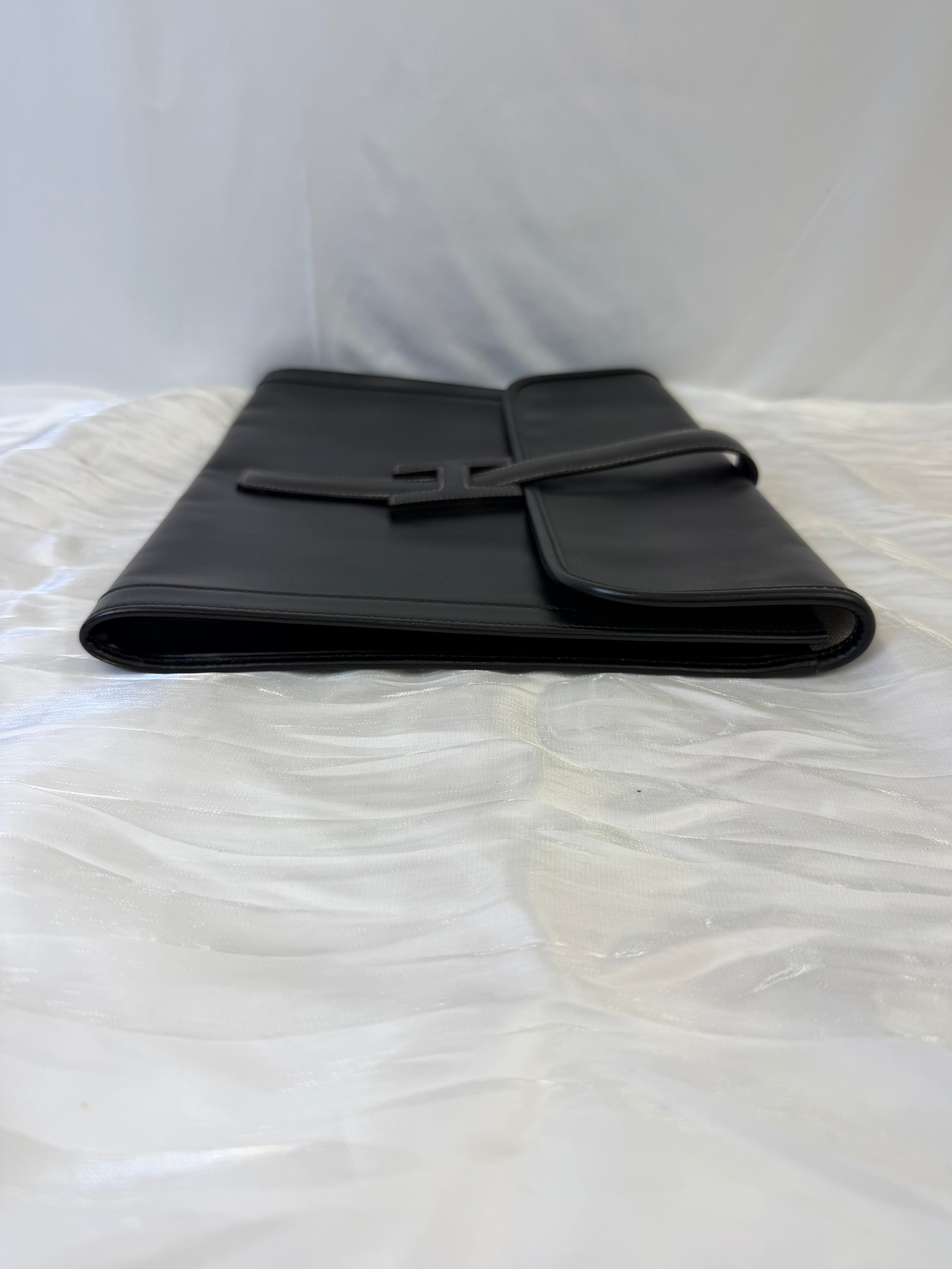 Hermes Black Leather Box Jige Clutch GM