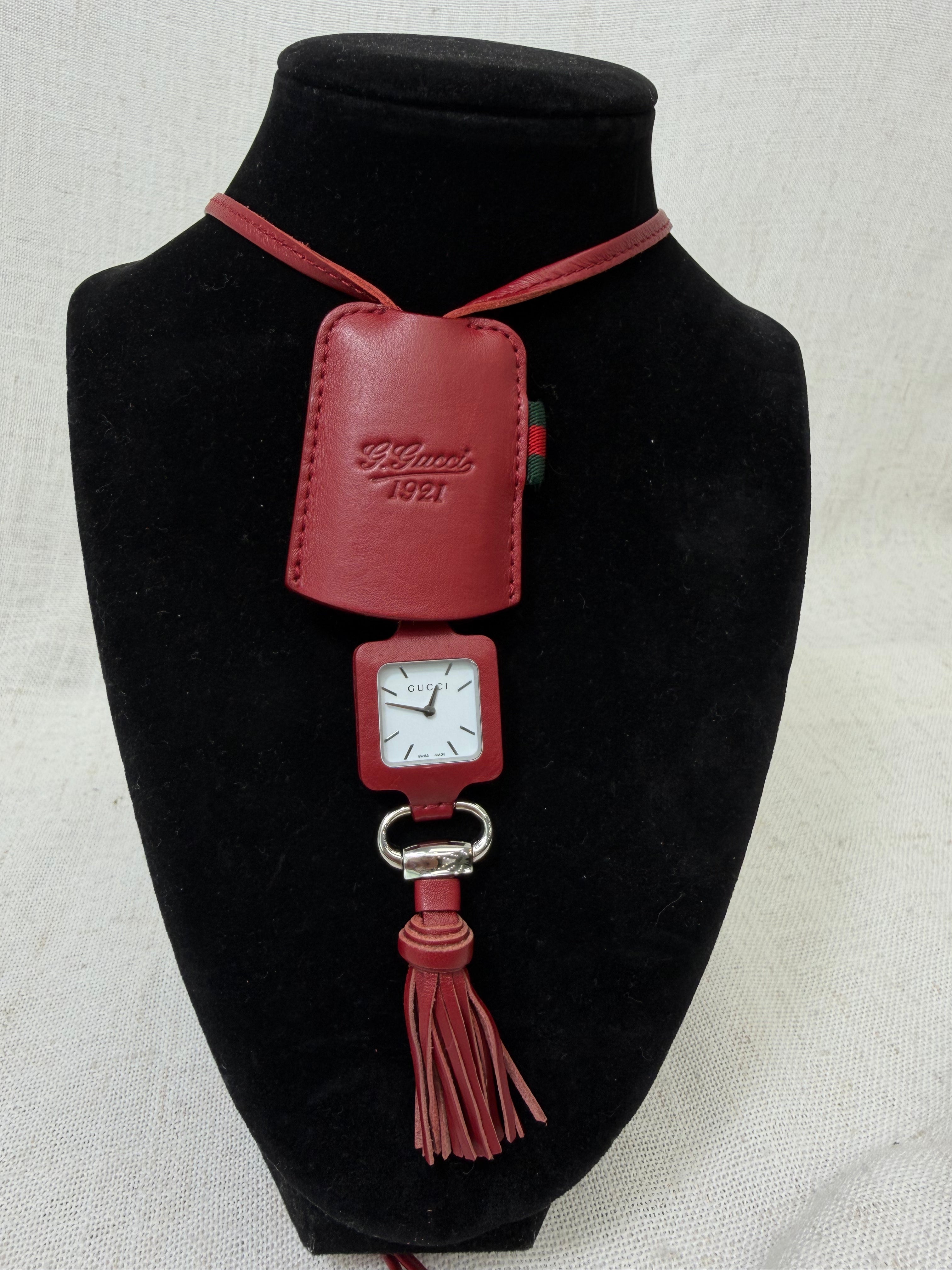 Gucci Red Leather 1921 Stainless Steel Watch Pendant