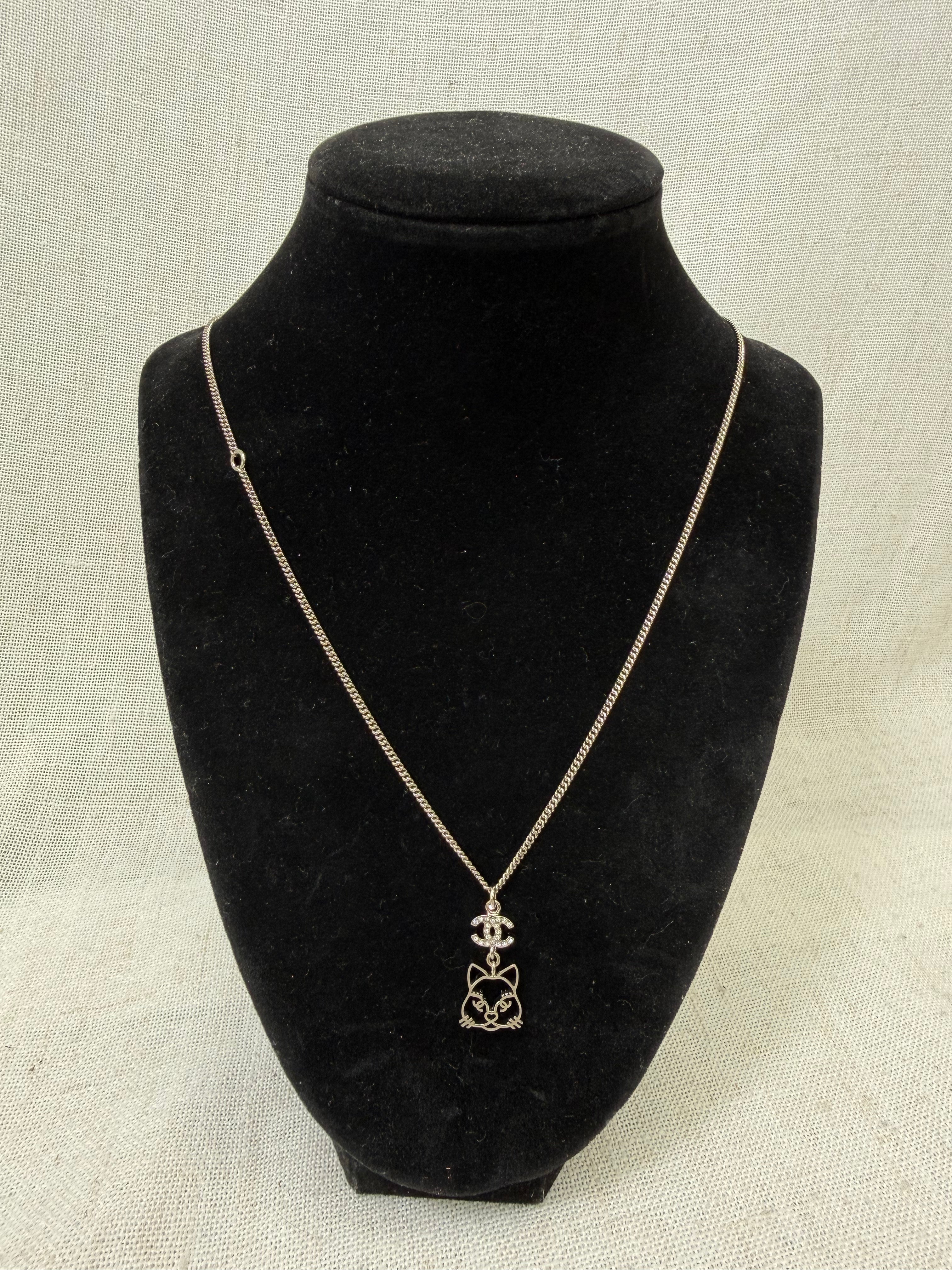 Chanel Silver & Crystal Emoji Choupette Cat Pendant Necklace