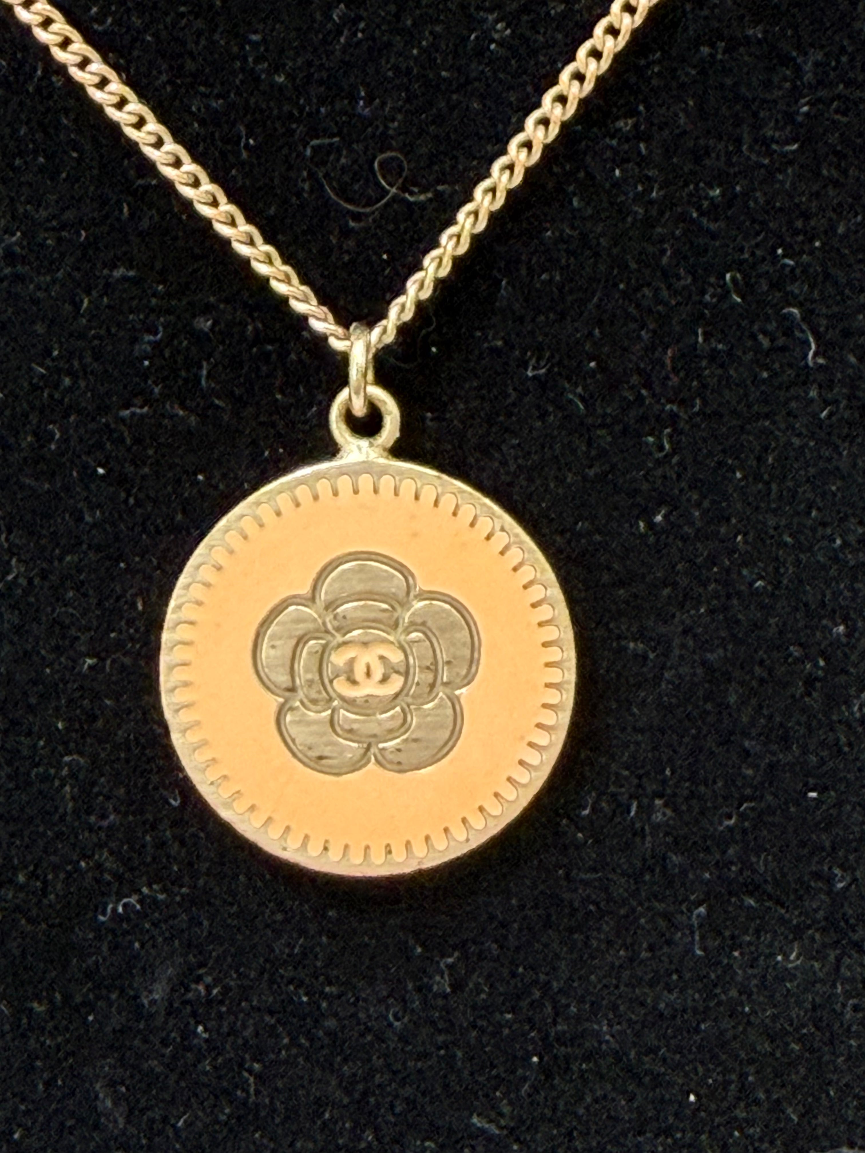 Chanel Vintage Gold Tone Camellia Resin Coin Necklace