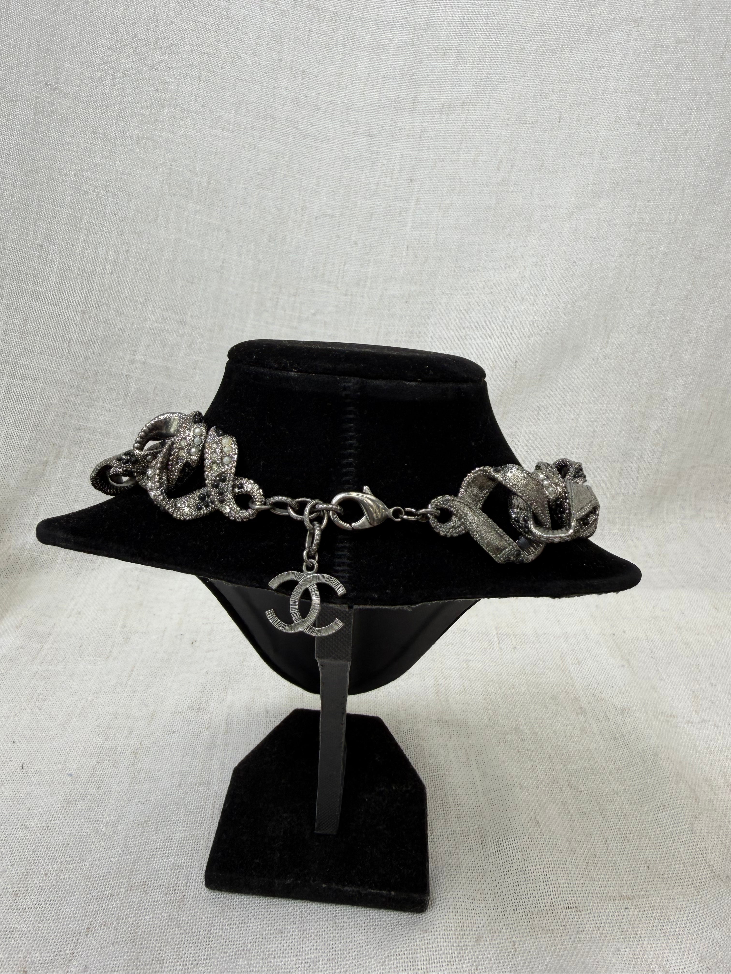 Chanel Vintage Ruthenium Strass Crystal & Pearl Curb Chain Choker Necklace