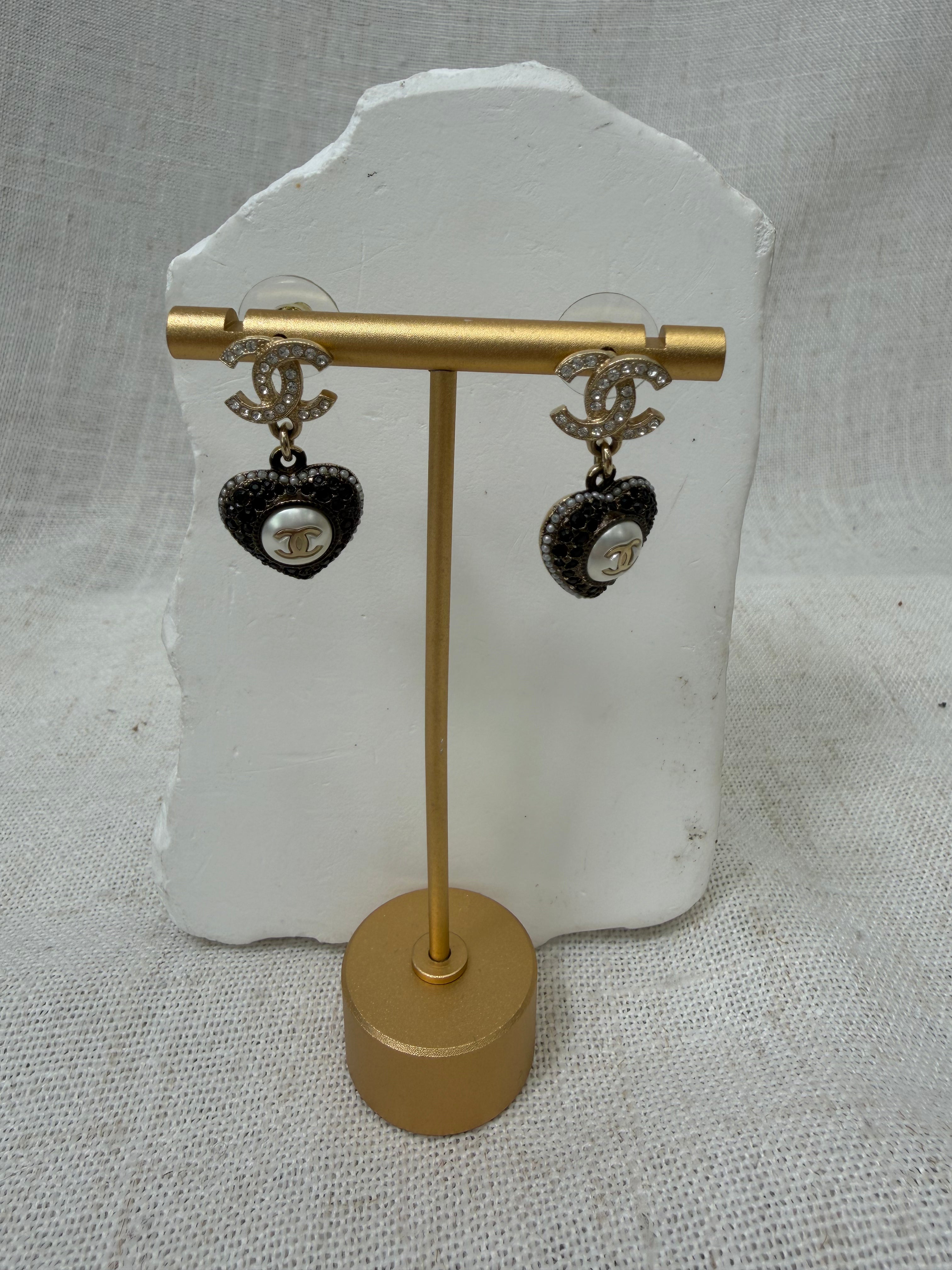 Chanel Vintage Faux Pearl & Crystal CC Drop Heart Earrings