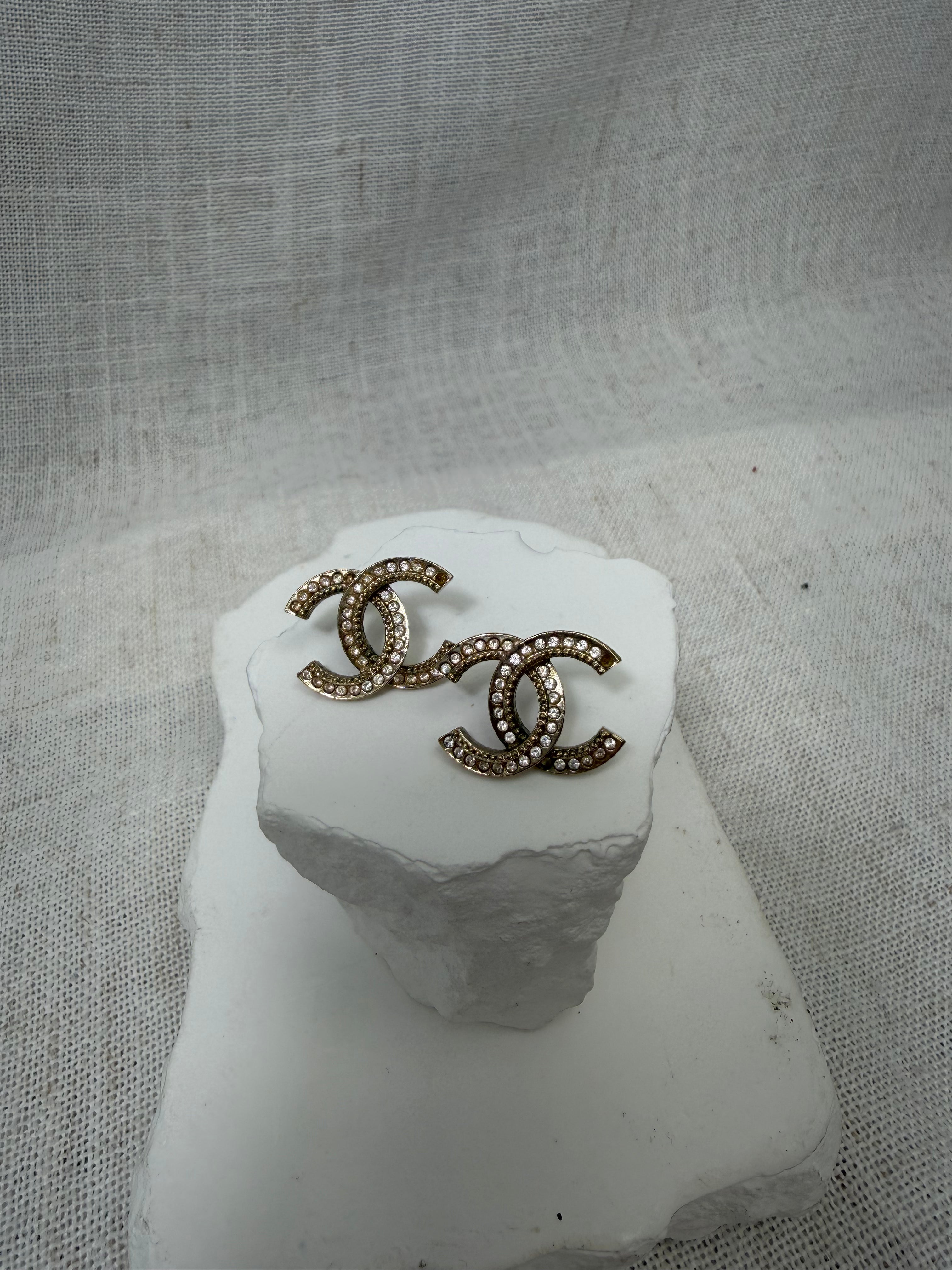 Chanel Vintage Gold Tone Crystal CC Earrings