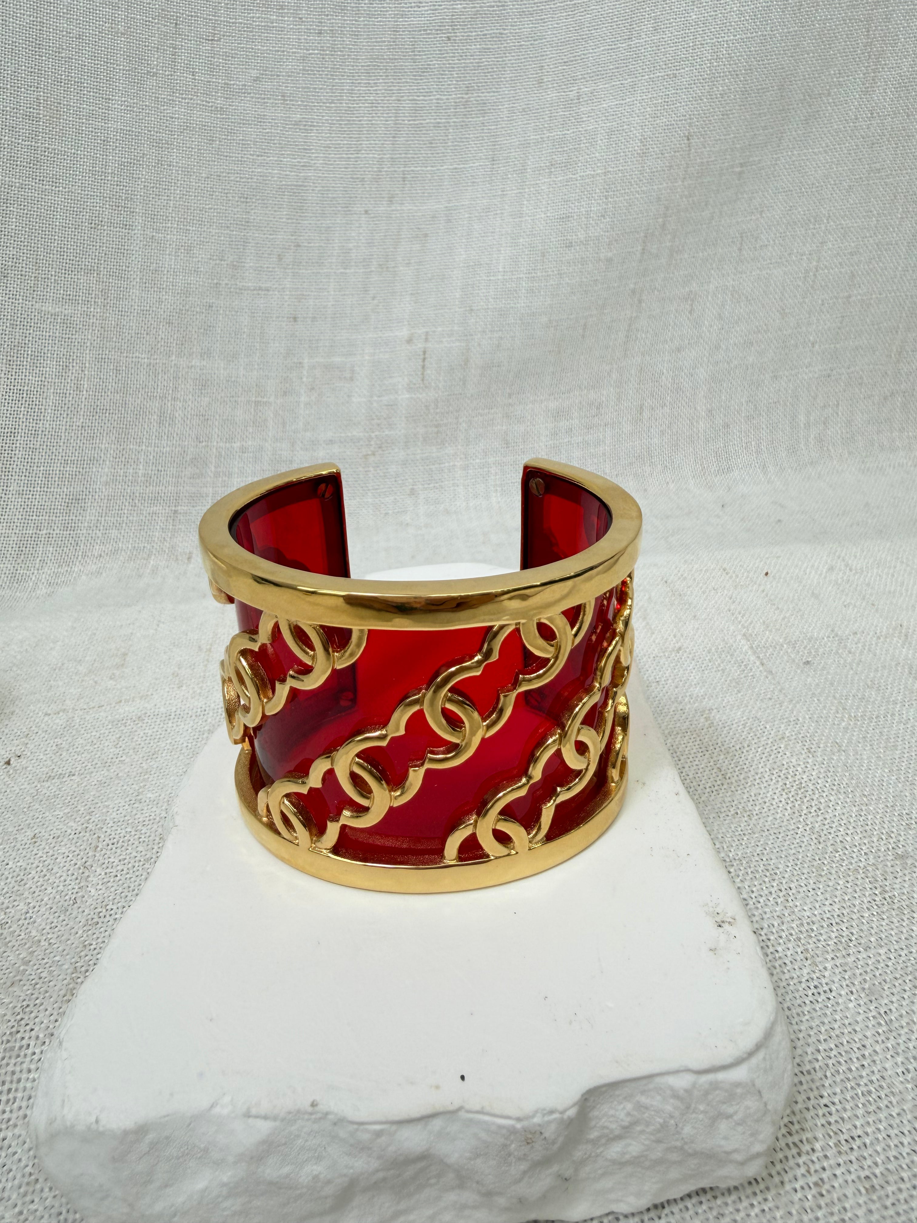Chanel Vintage Red Resin & Gold Tone CC Cuff Braclet