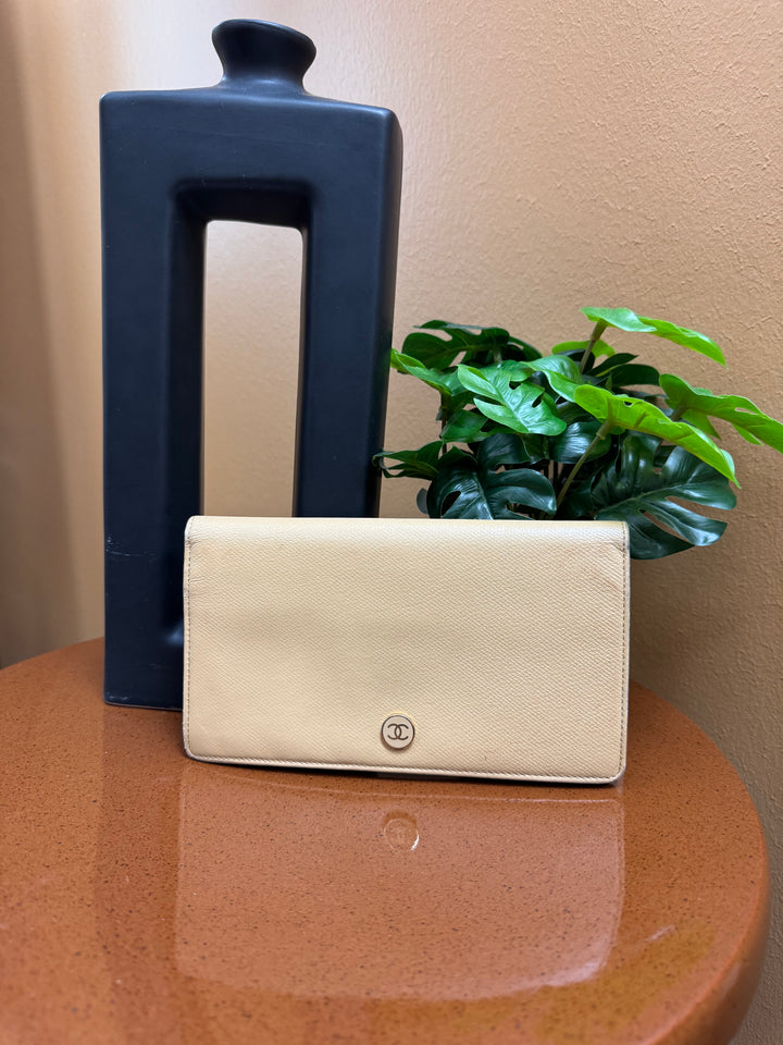 Chanel CC Button Tan Leather Long Wallet