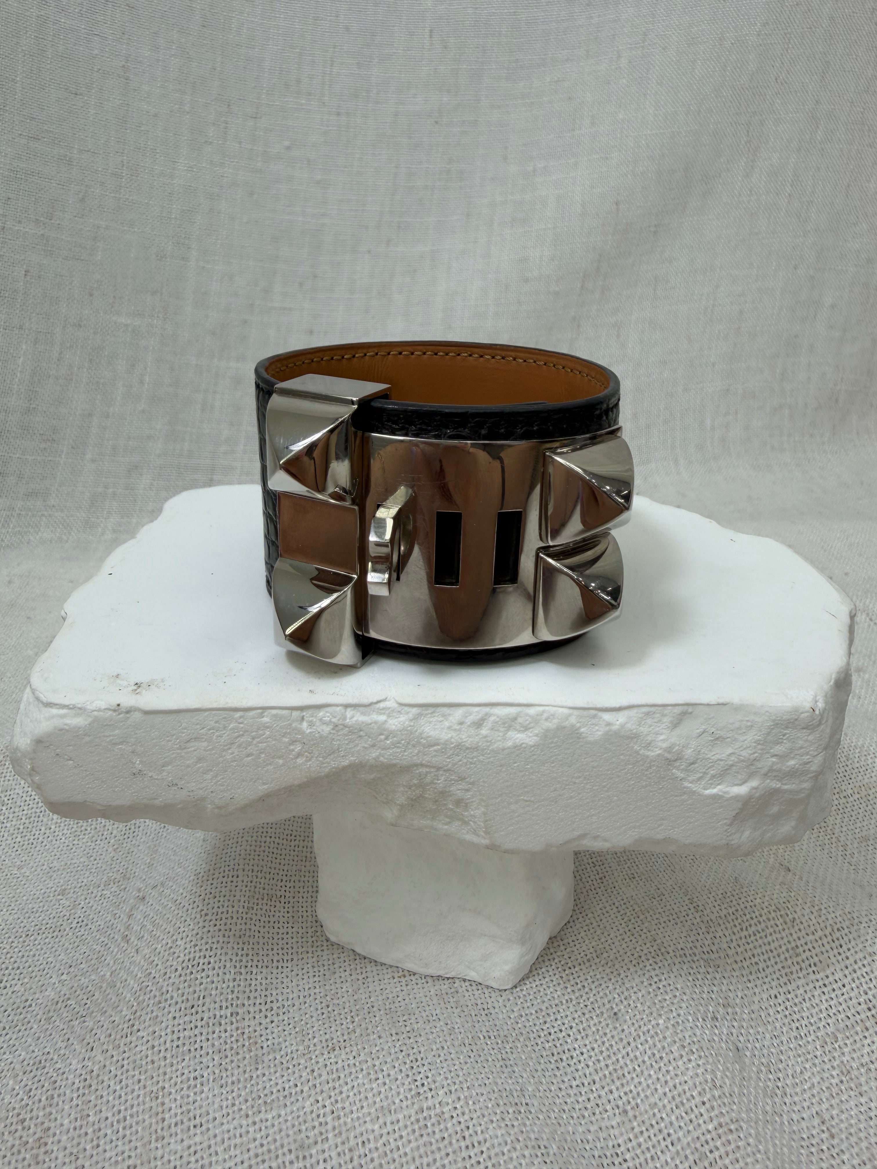 Hermes Black Matte Alligator Collier De Chien Bracelet