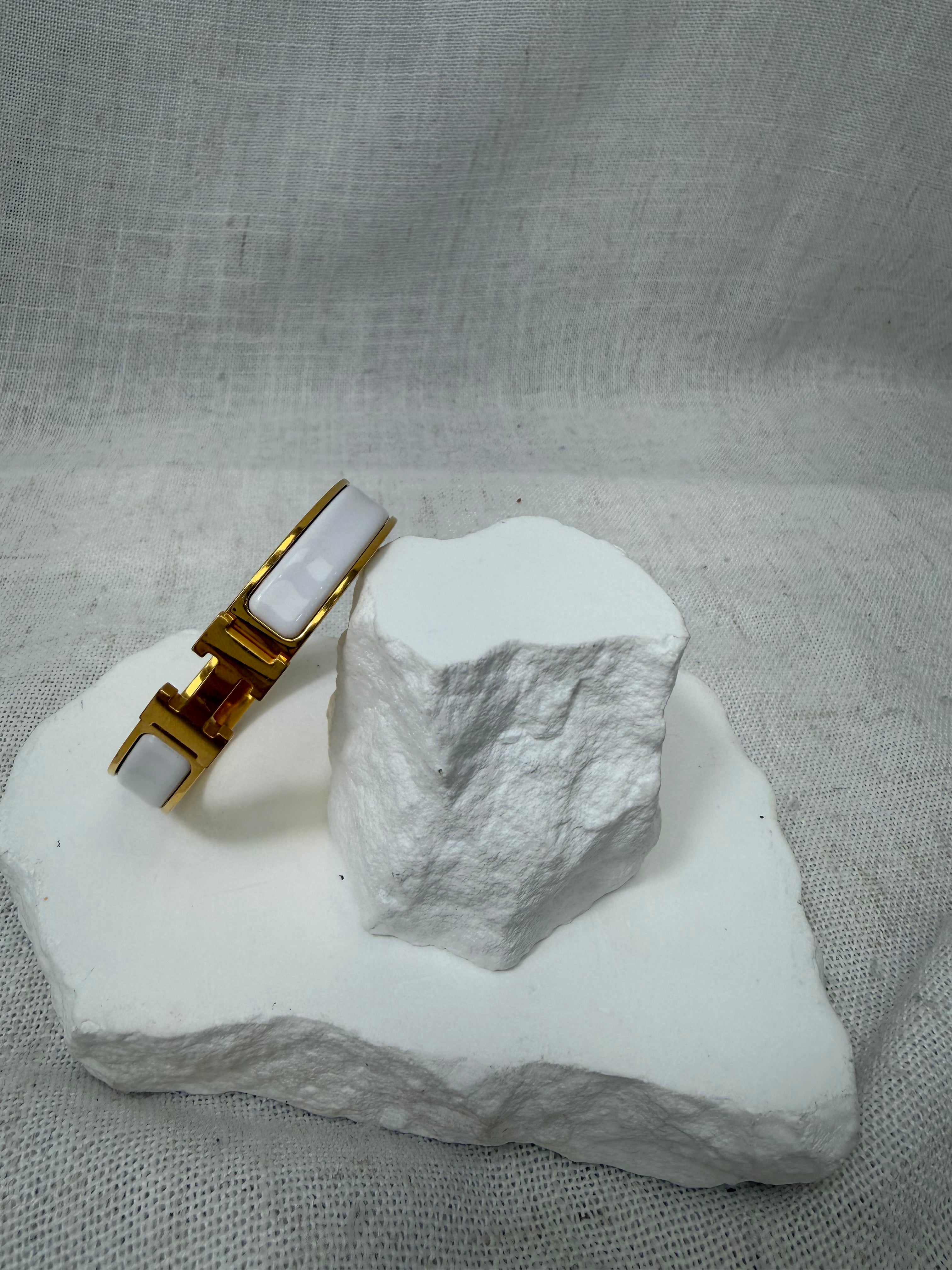 Hermes White & Gold Tone Clic Clac H Bracelet