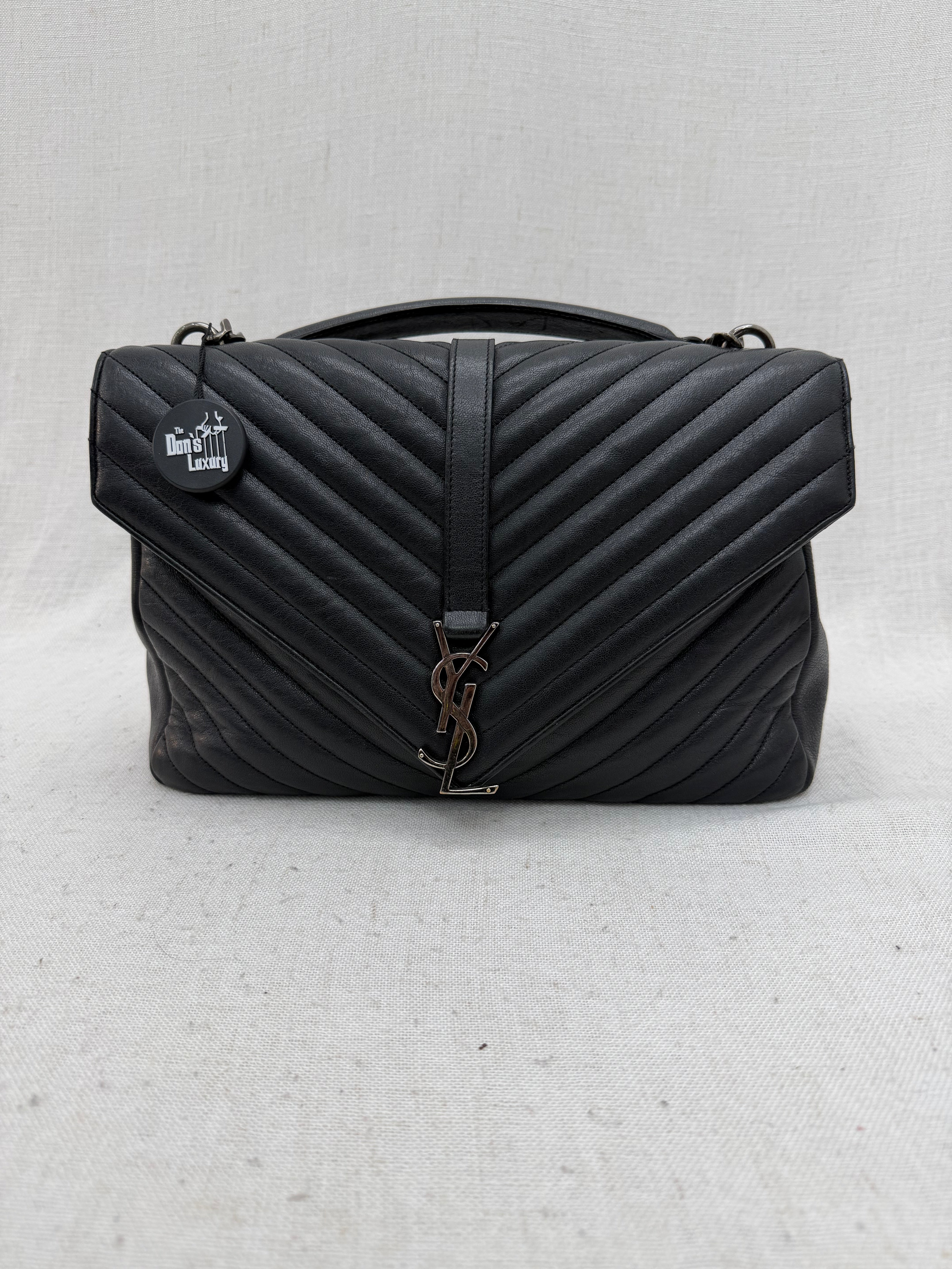 Saint Laurent YSL Black Quilted Chevron Calfskin Large College Shoulder Bag