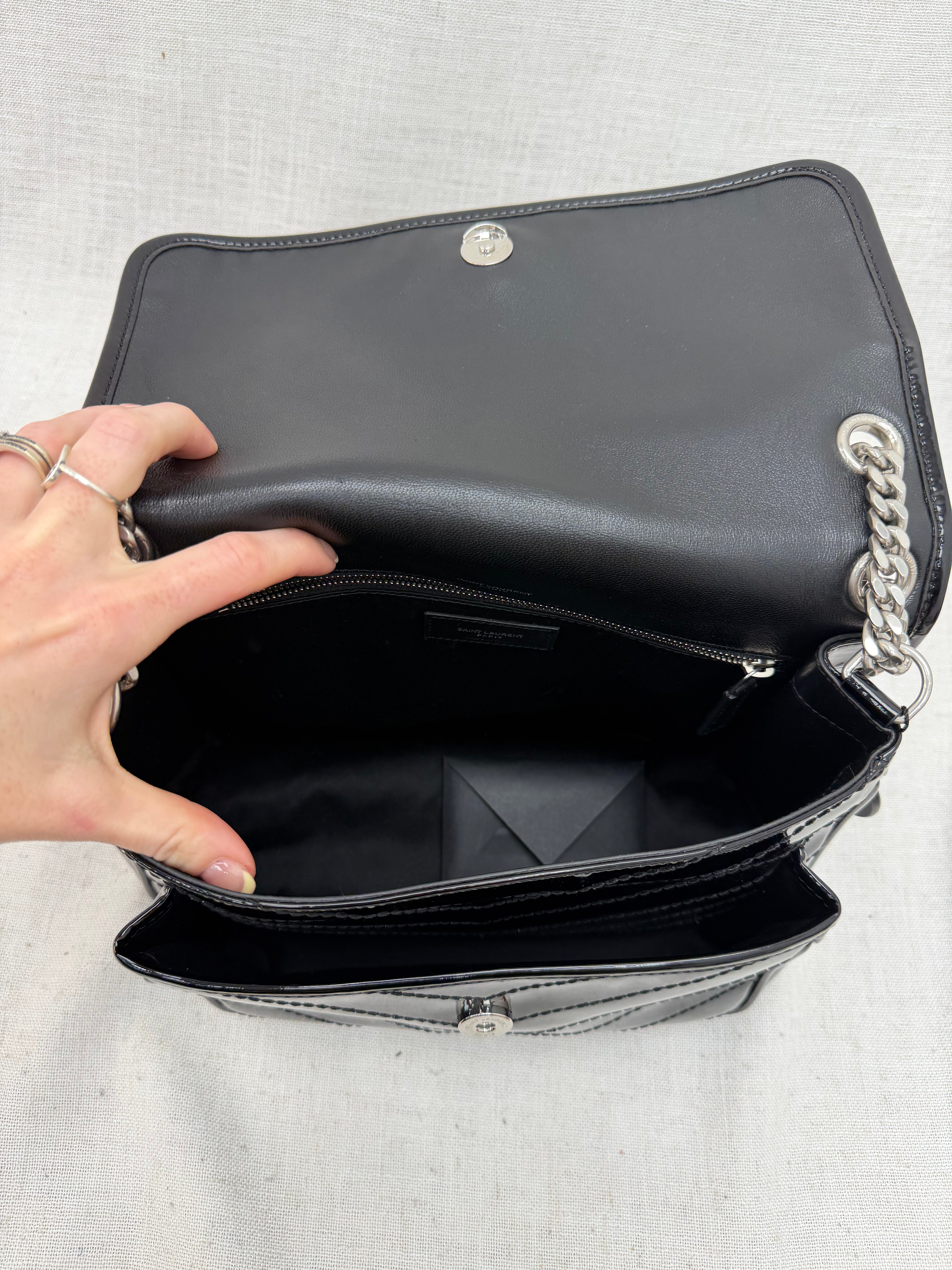 Saint Laurent YSL Black Quilted Chevron Patent Leather Medium Niki Chain Satchel