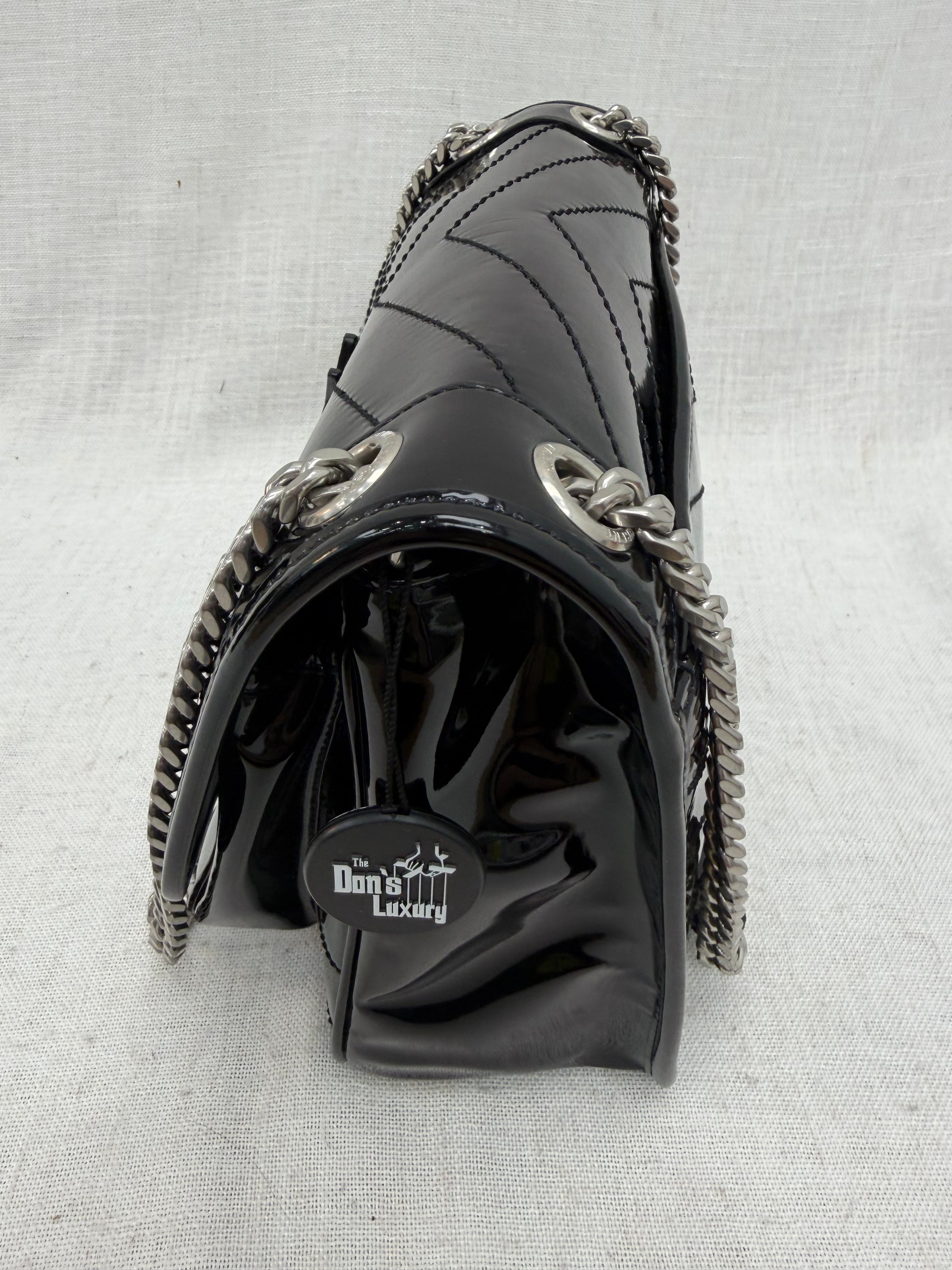 Saint Laurent YSL Black Quilted Chevron Patent Leather Medium Niki Chain Satchel