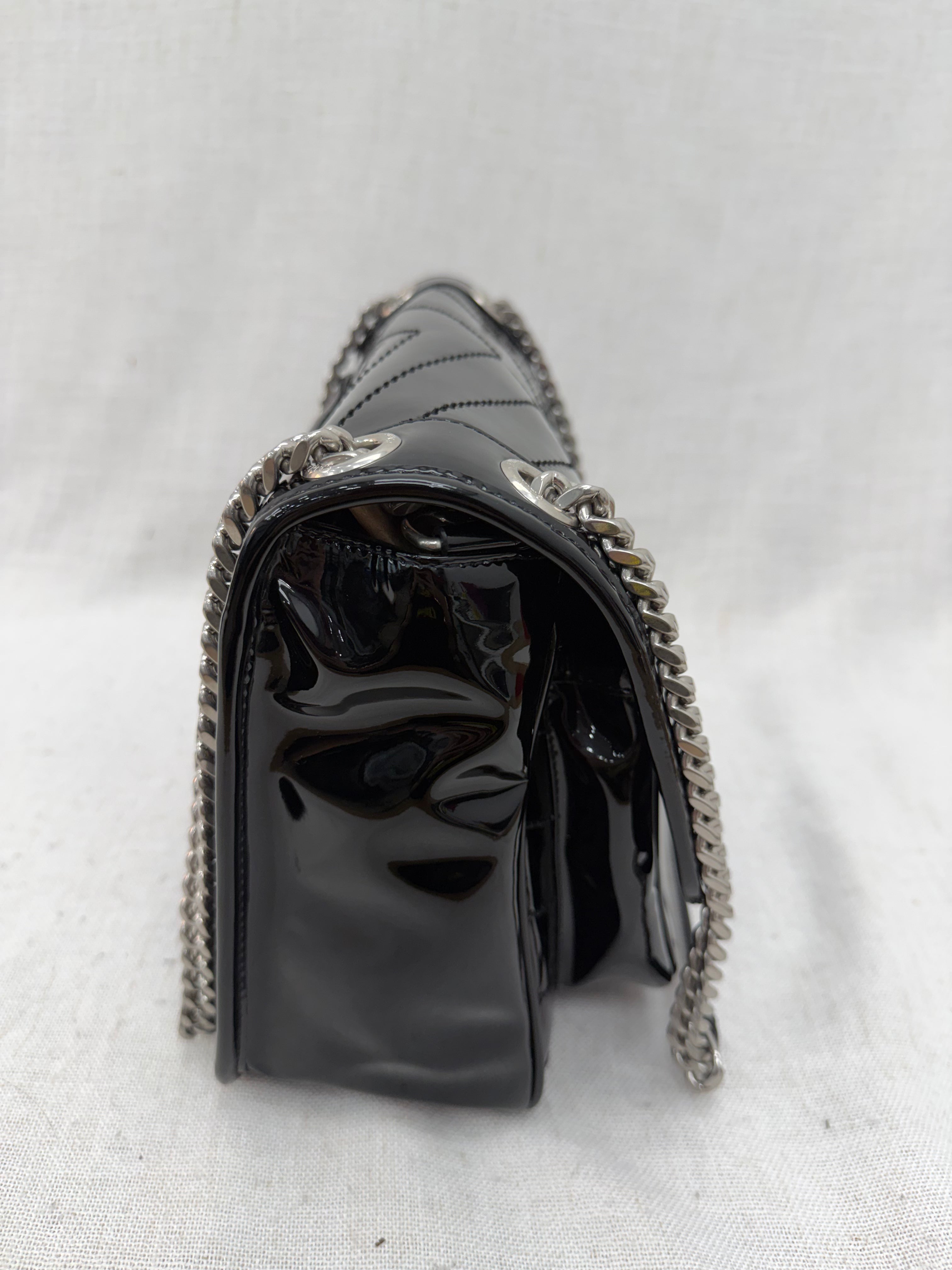 Saint Laurent YSL Black Quilted Chevron Patent Leather Medium Niki Chain Satchel