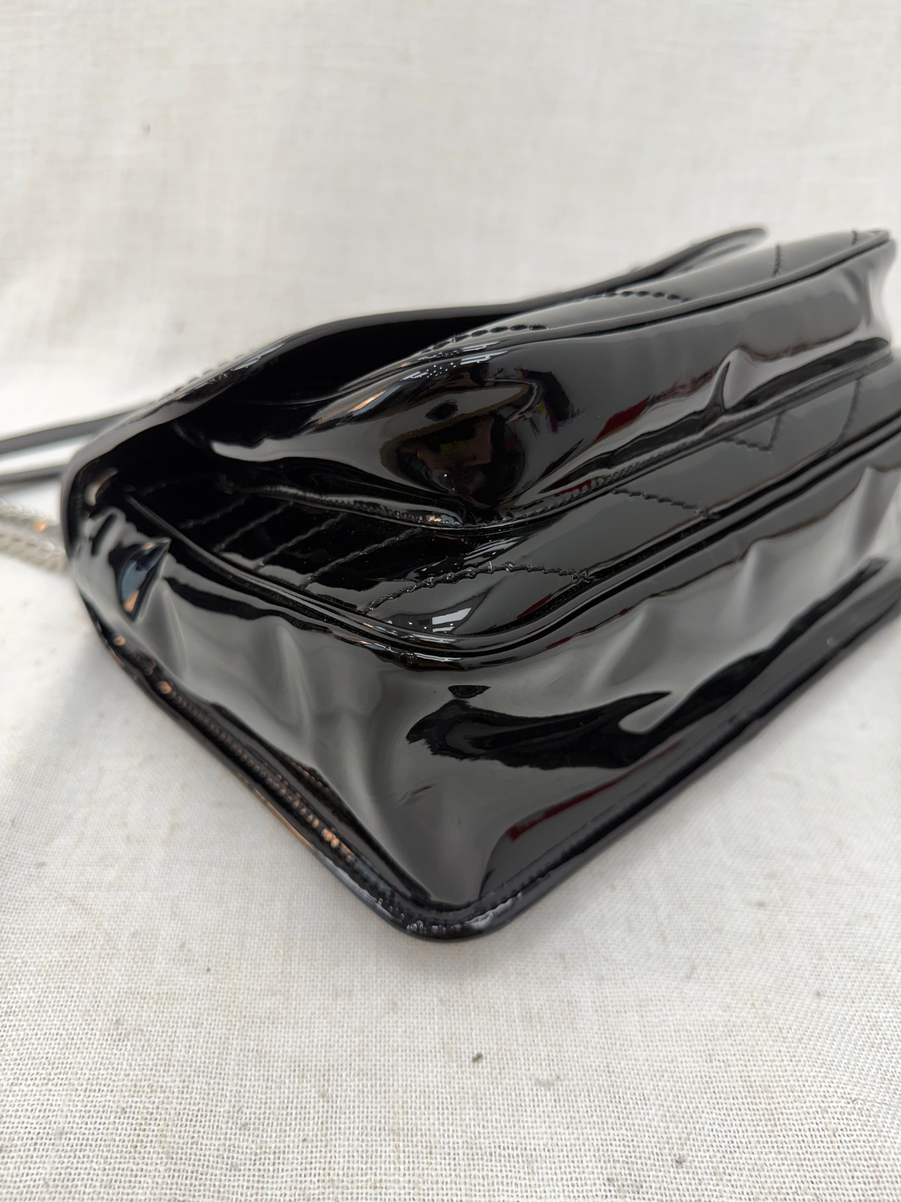 Saint Laurent YSL Black Quilted Chevron Patent Leather Medium Niki Chain Satchel