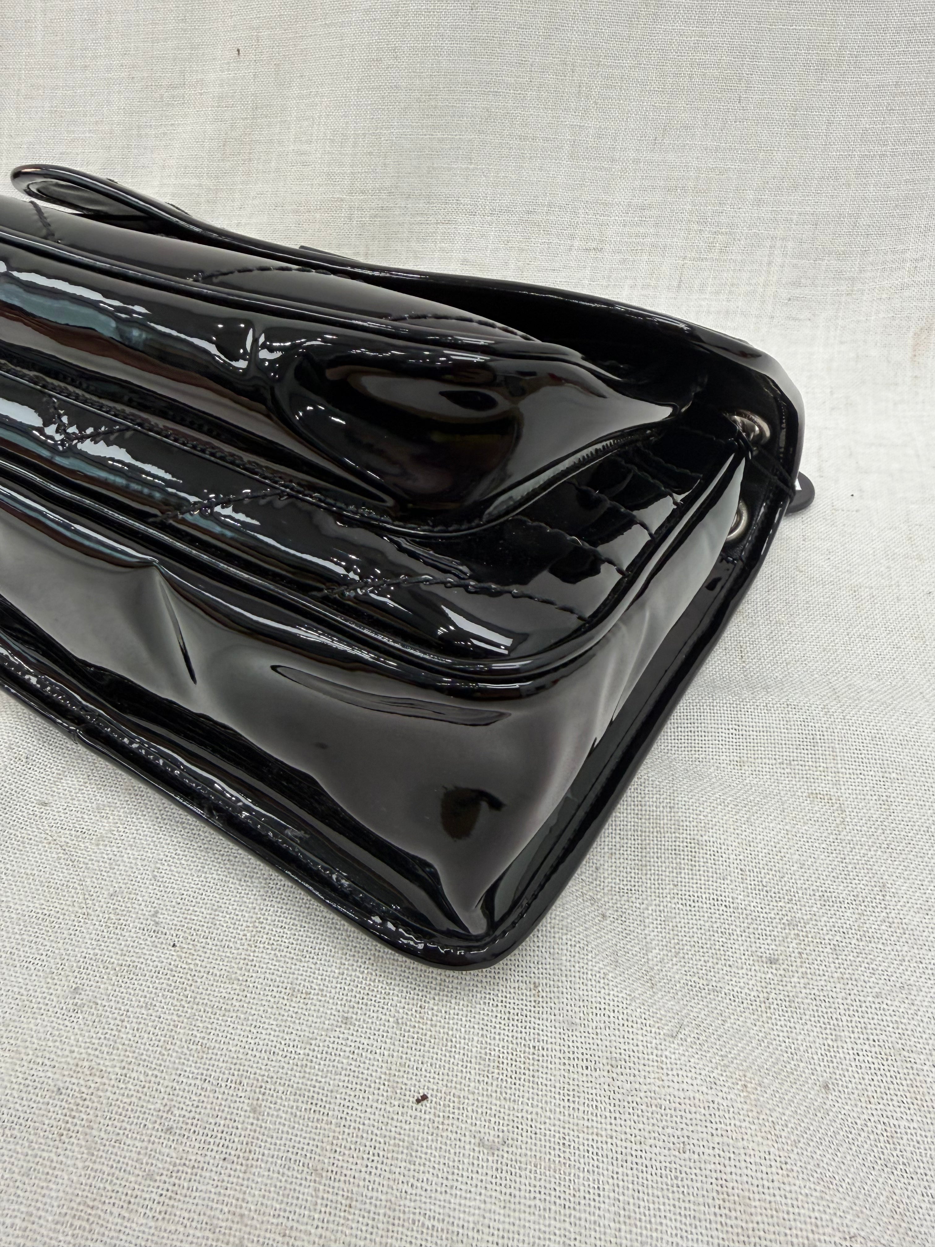 Saint Laurent YSL Black Quilted Chevron Patent Leather Medium Niki Chain Satchel