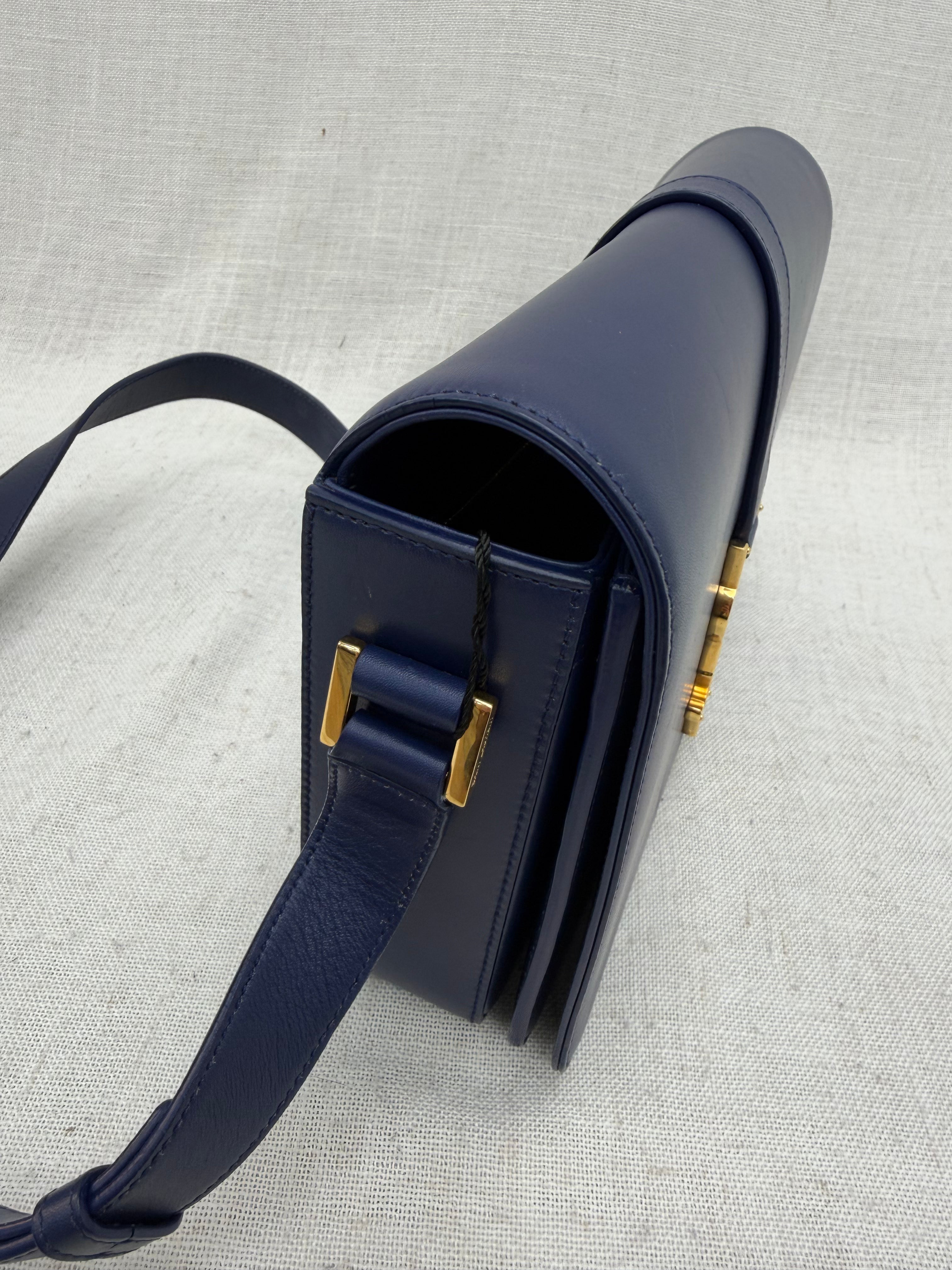 Saint Laurent YSL Navy Blue Leather Monogram Logo Bag