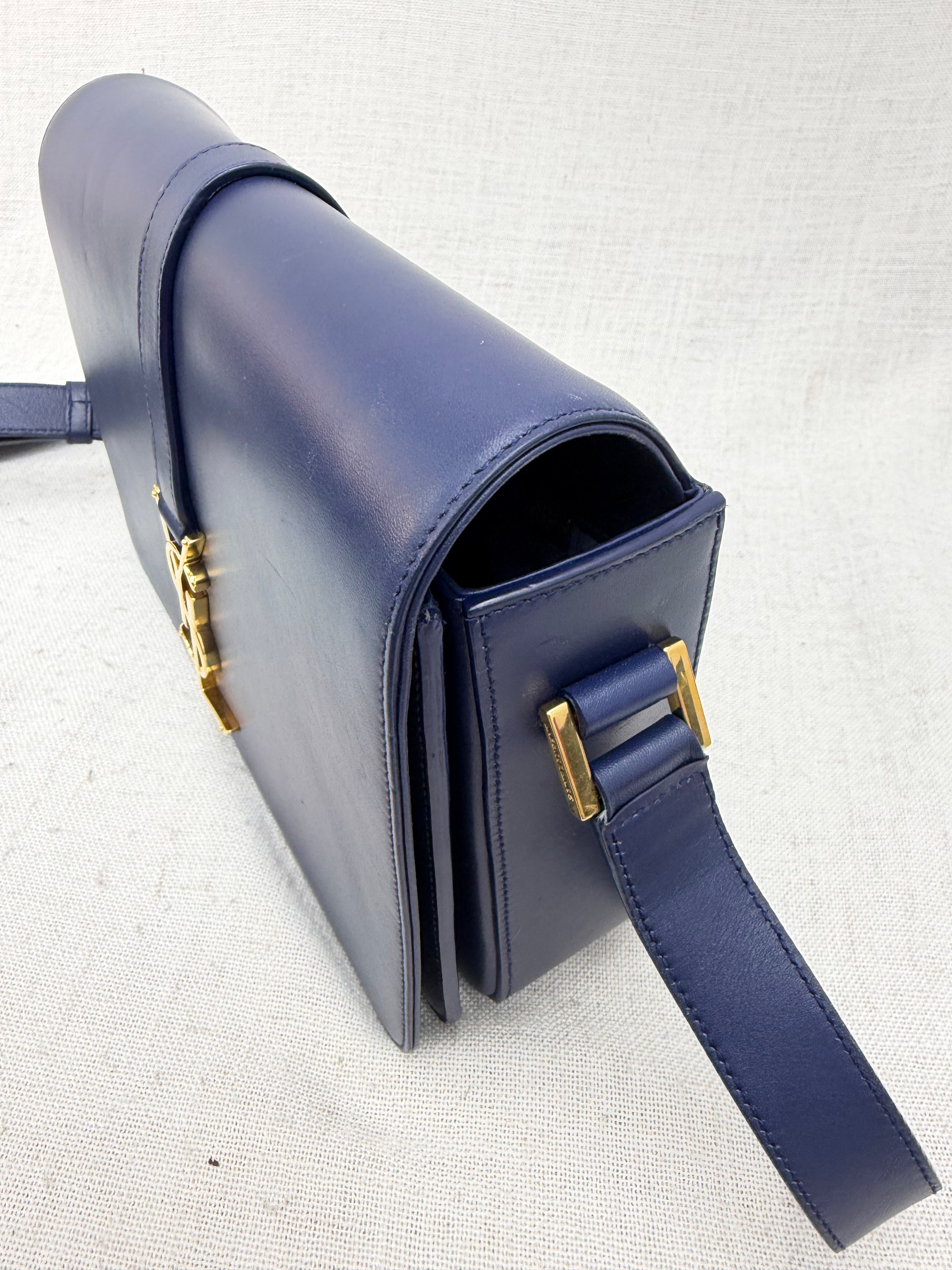 Saint Laurent YSL Navy Blue Leather Monogram Logo Bag
