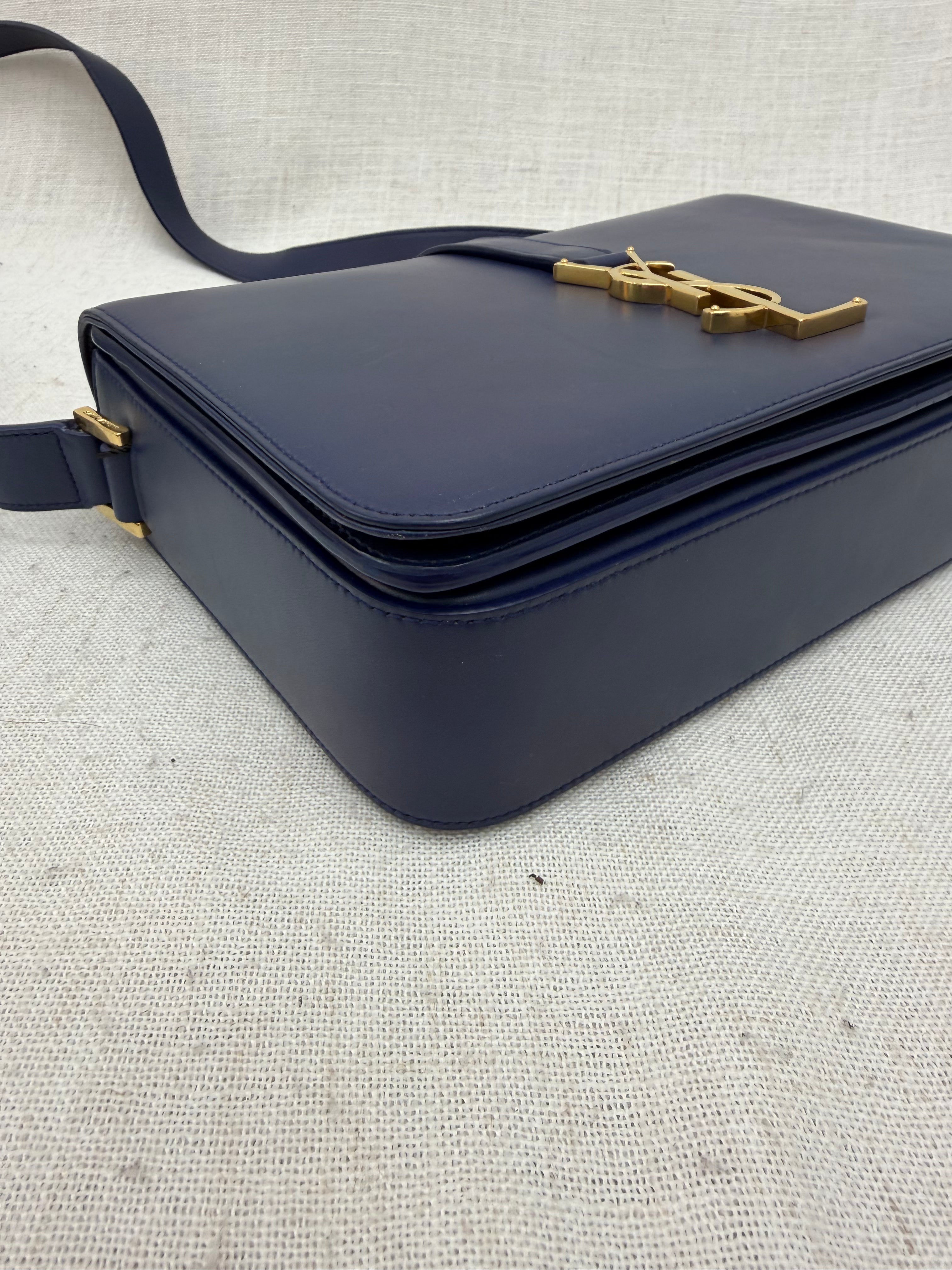 Saint Laurent YSL Navy Blue Leather Monogram Logo Bag
