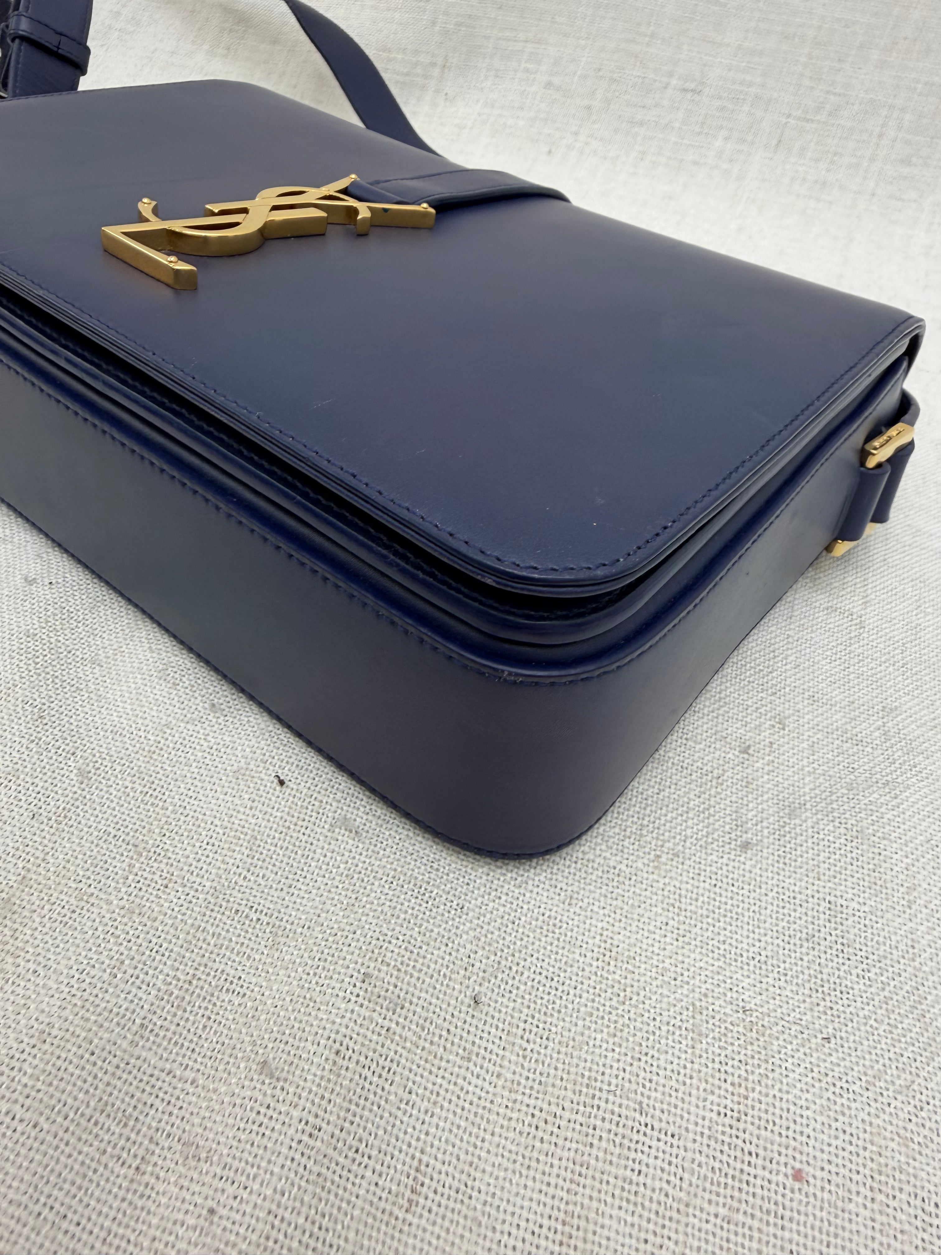 Saint Laurent YSL Navy Blue Leather Monogram Logo Bag