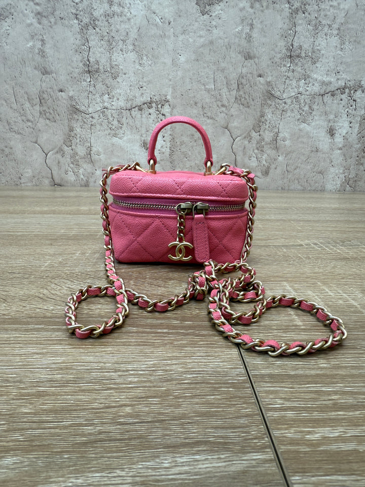 Chanel Coral Caviar Quilted Mini Top Handle Vanity With Chain