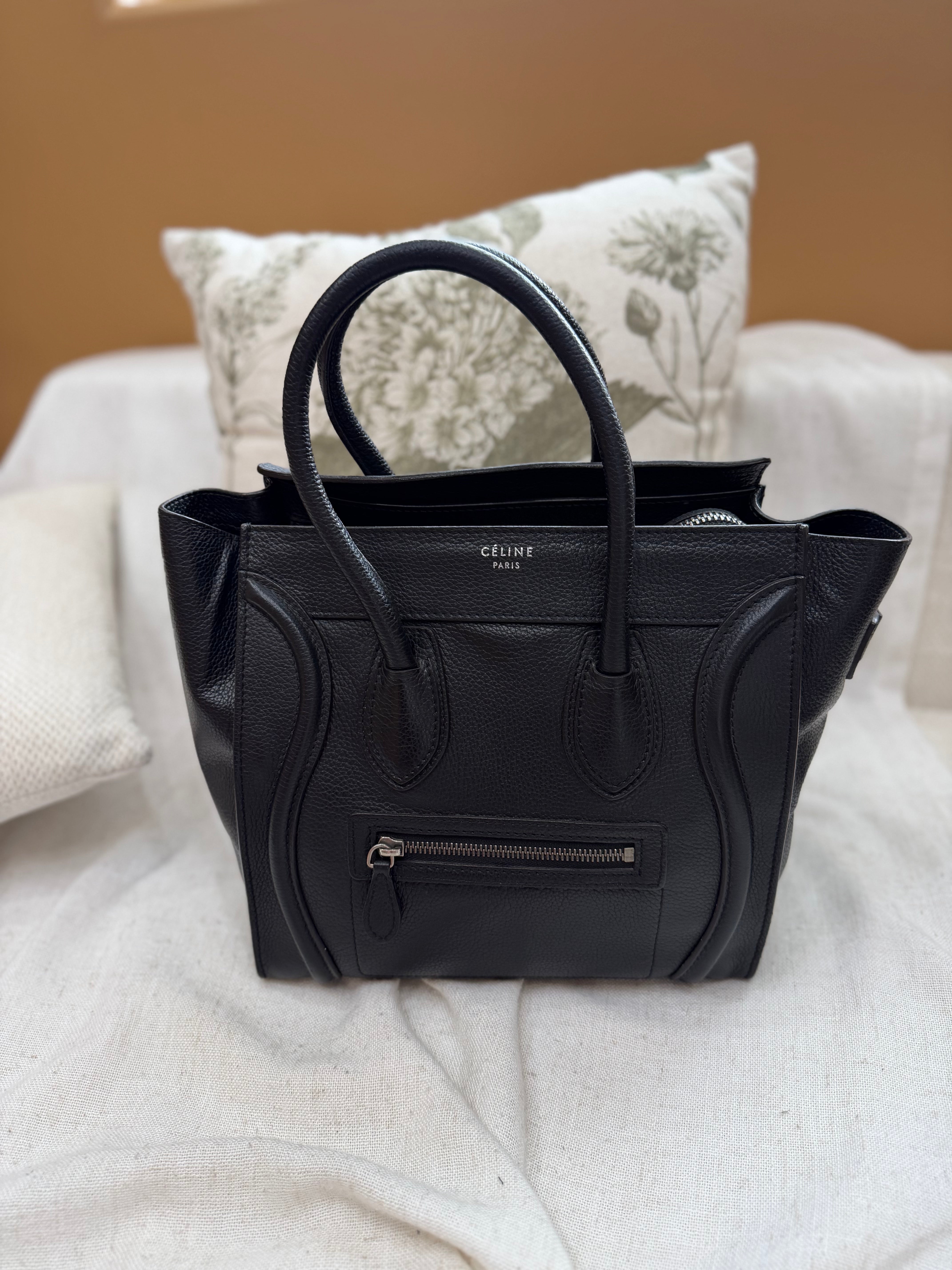 Celine Black Drummed Calfskin Micro Luggage Tote Bag