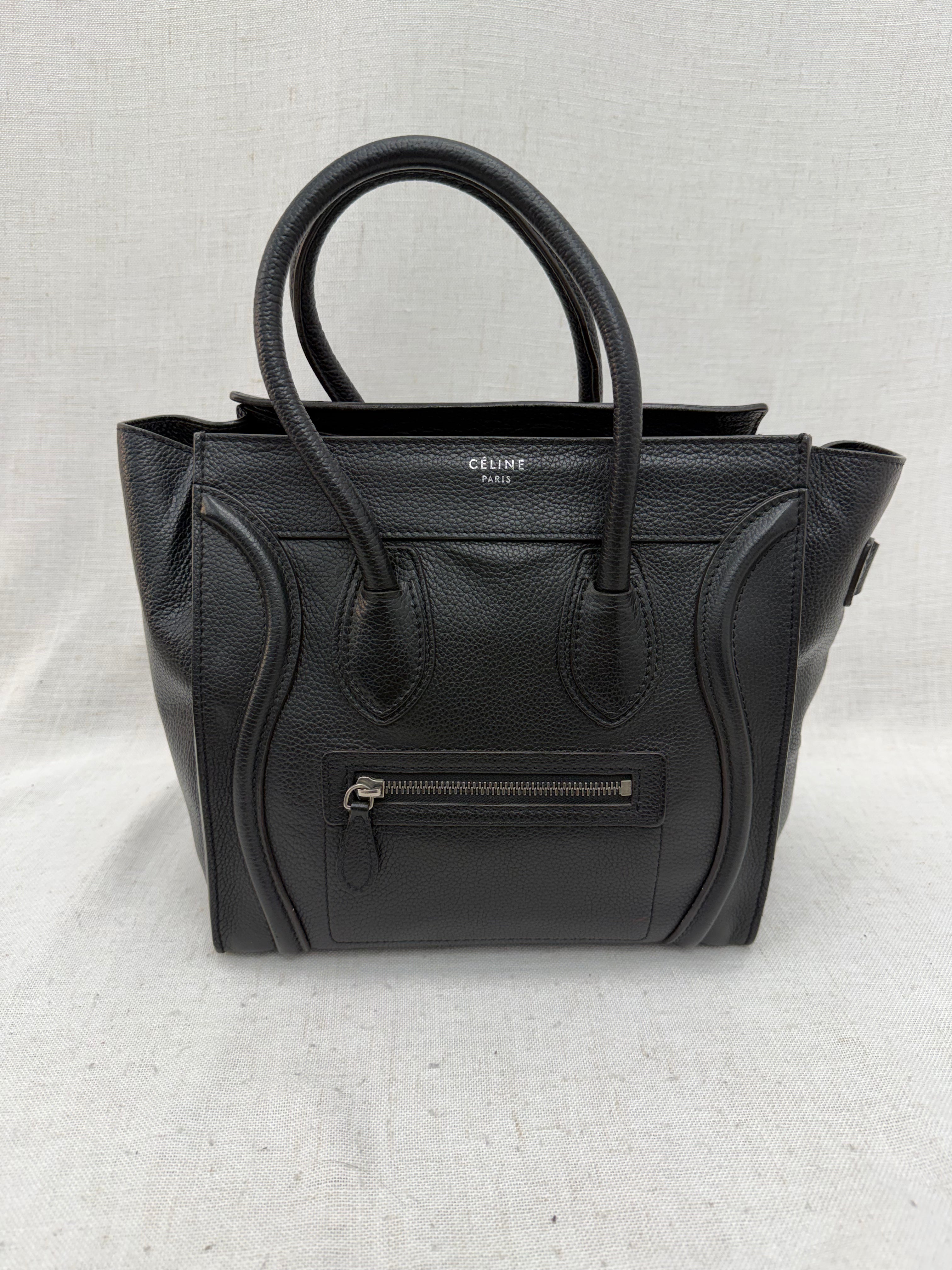 Celine Black Drummed Calfskin Micro Luggage Tote Bag