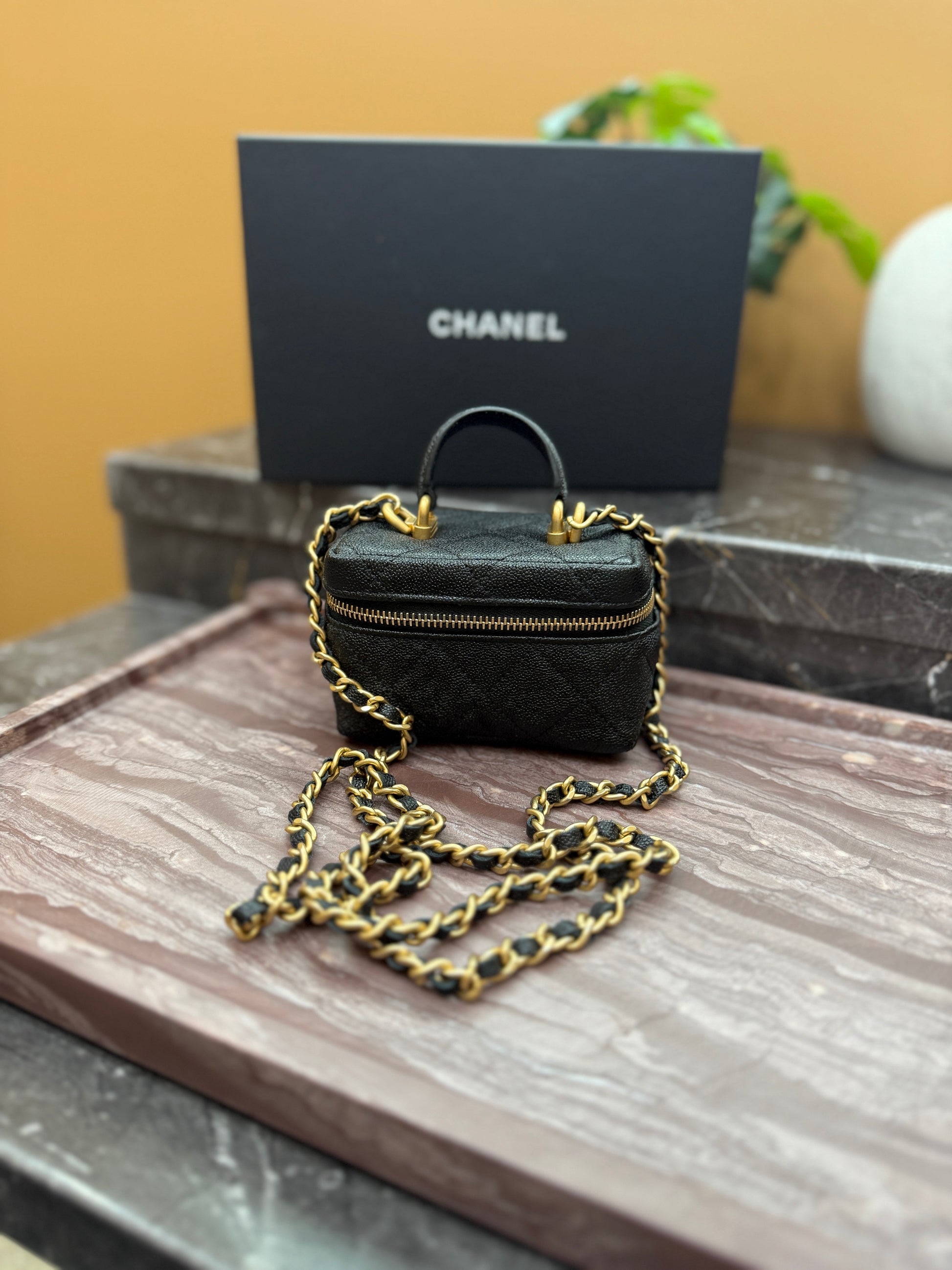 Chanel Black Caviar Quilted Mini Top Handle Vanity With Chain