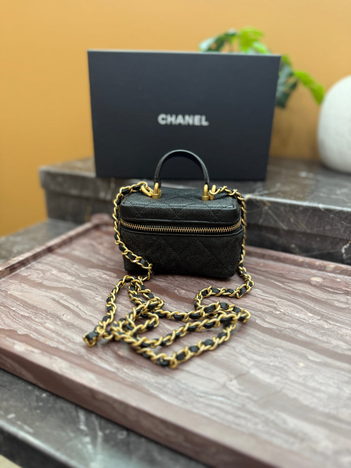 Chanel Black Caviar Quilted Mini Top Handle Vanity With Chain