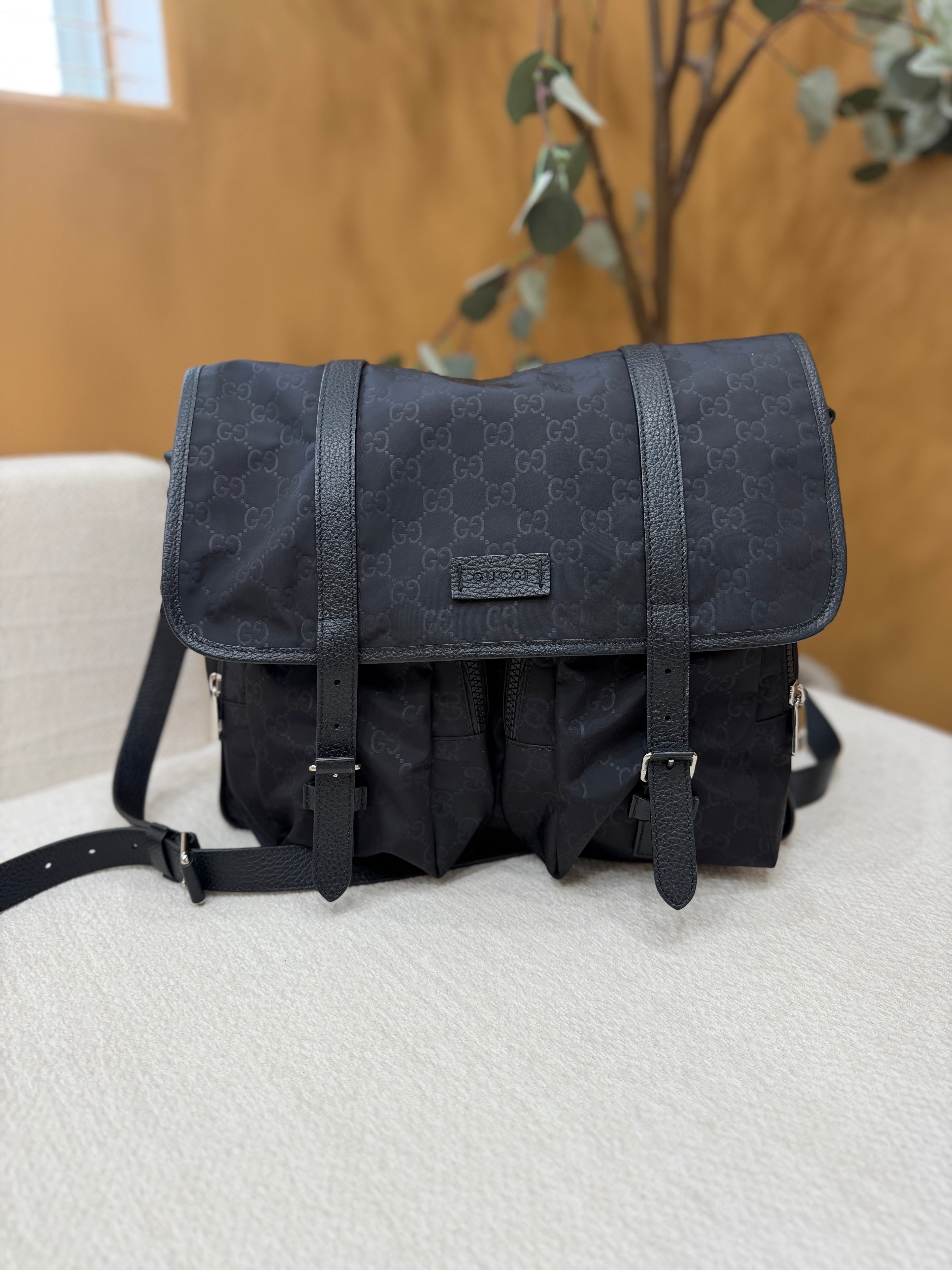 Gucci Black GG Nylon Buckle Flap Messenger Bag