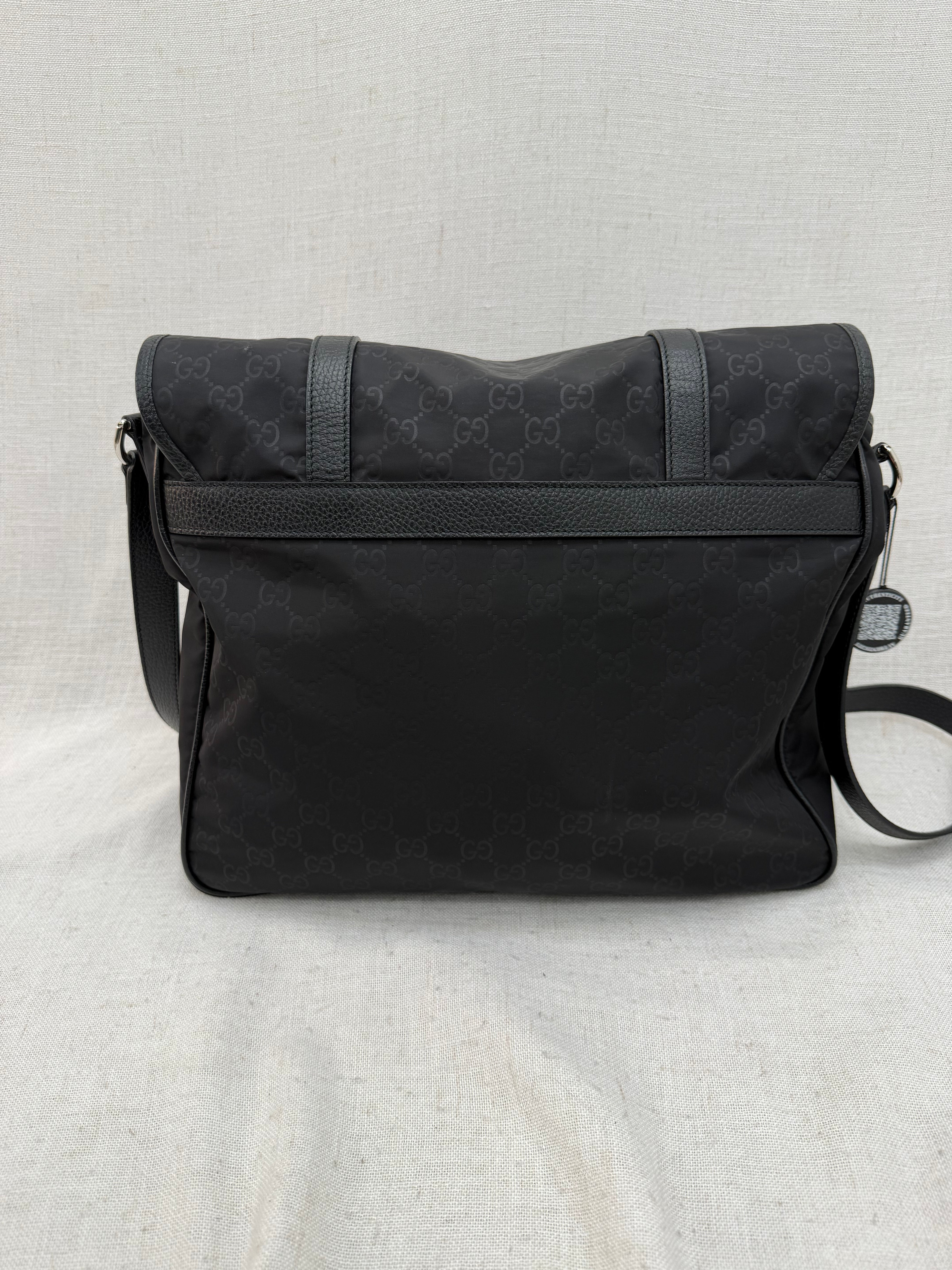 Gucci Black GG Nylon Buckle Flap Messenger Bag