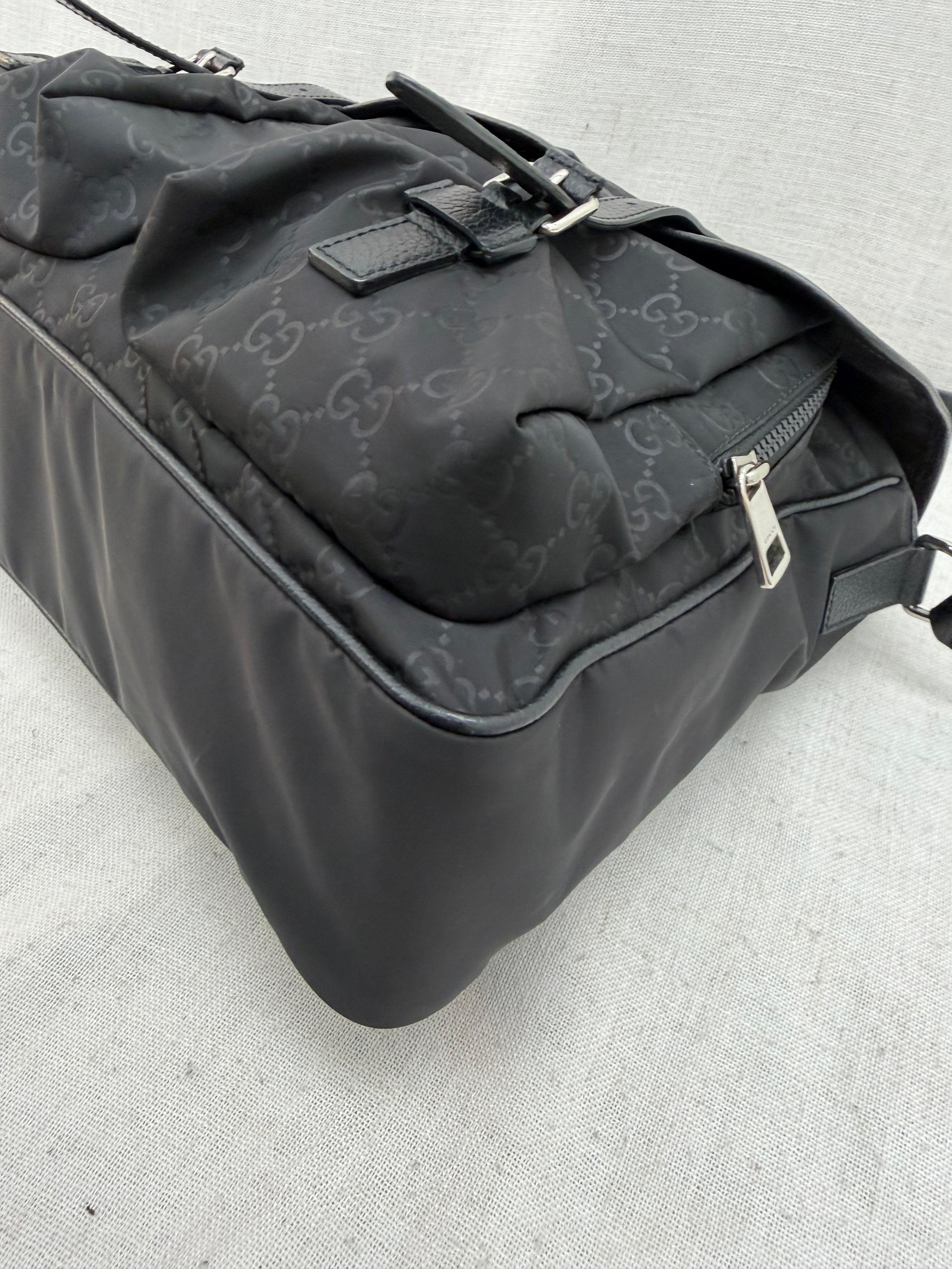 Gucci Black GG Nylon Buckle Flap Messenger Bag