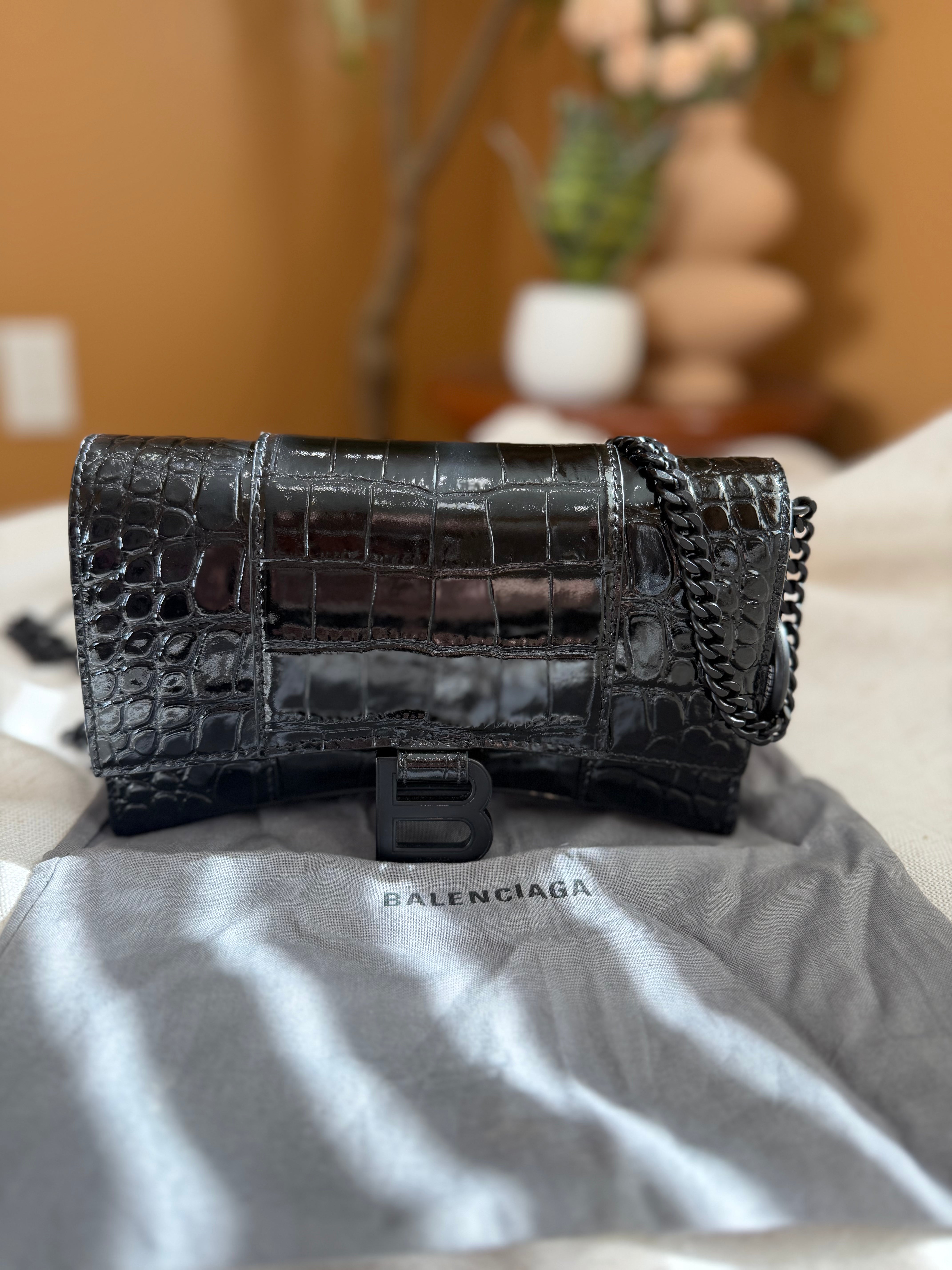 Balenciaga Black Croc Embossed Monochrome Hourglass Wallet on a Chain