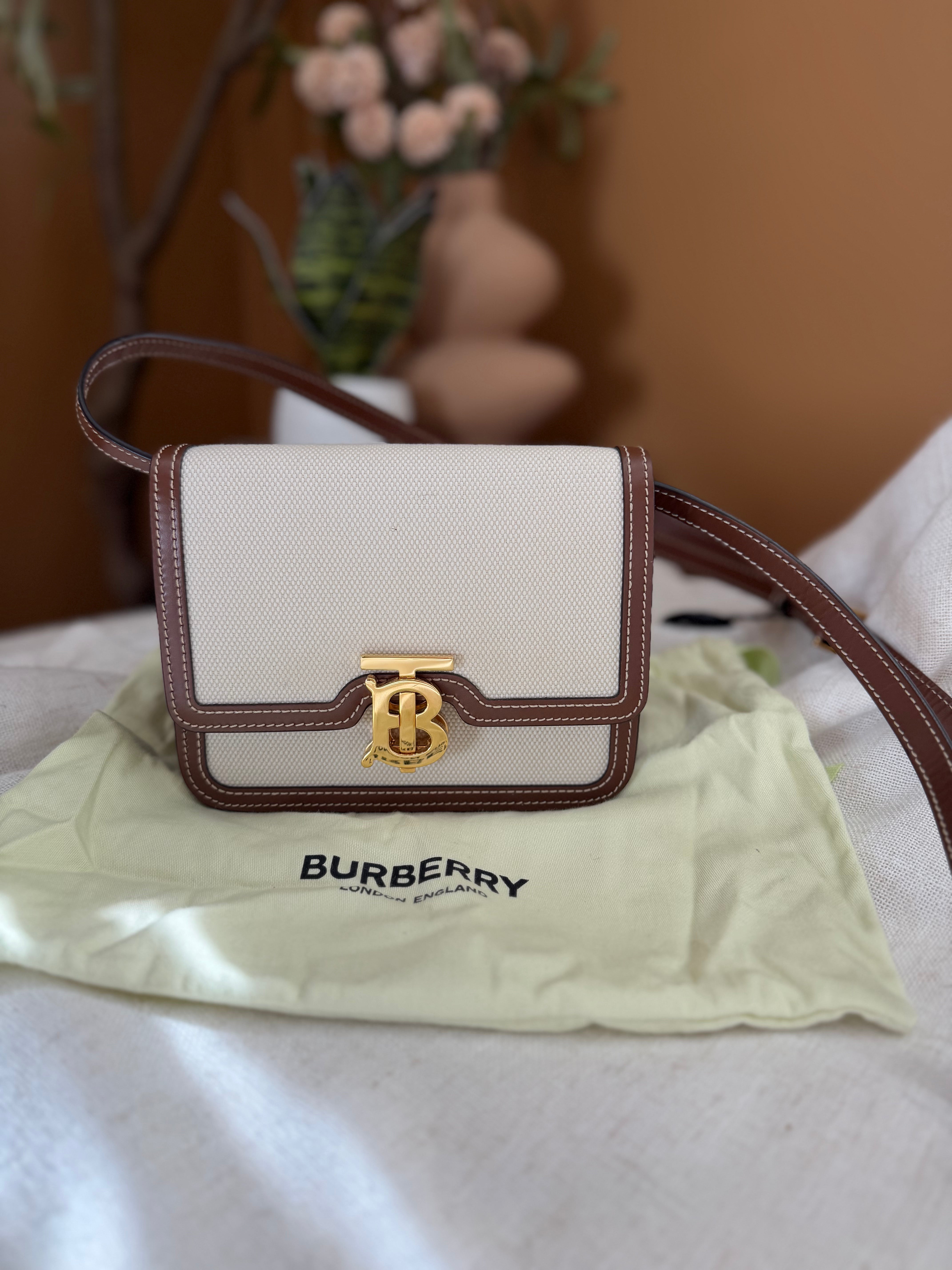 LIKE NEW- Burberry Natural Canvas & Leather Small TB Crossbody