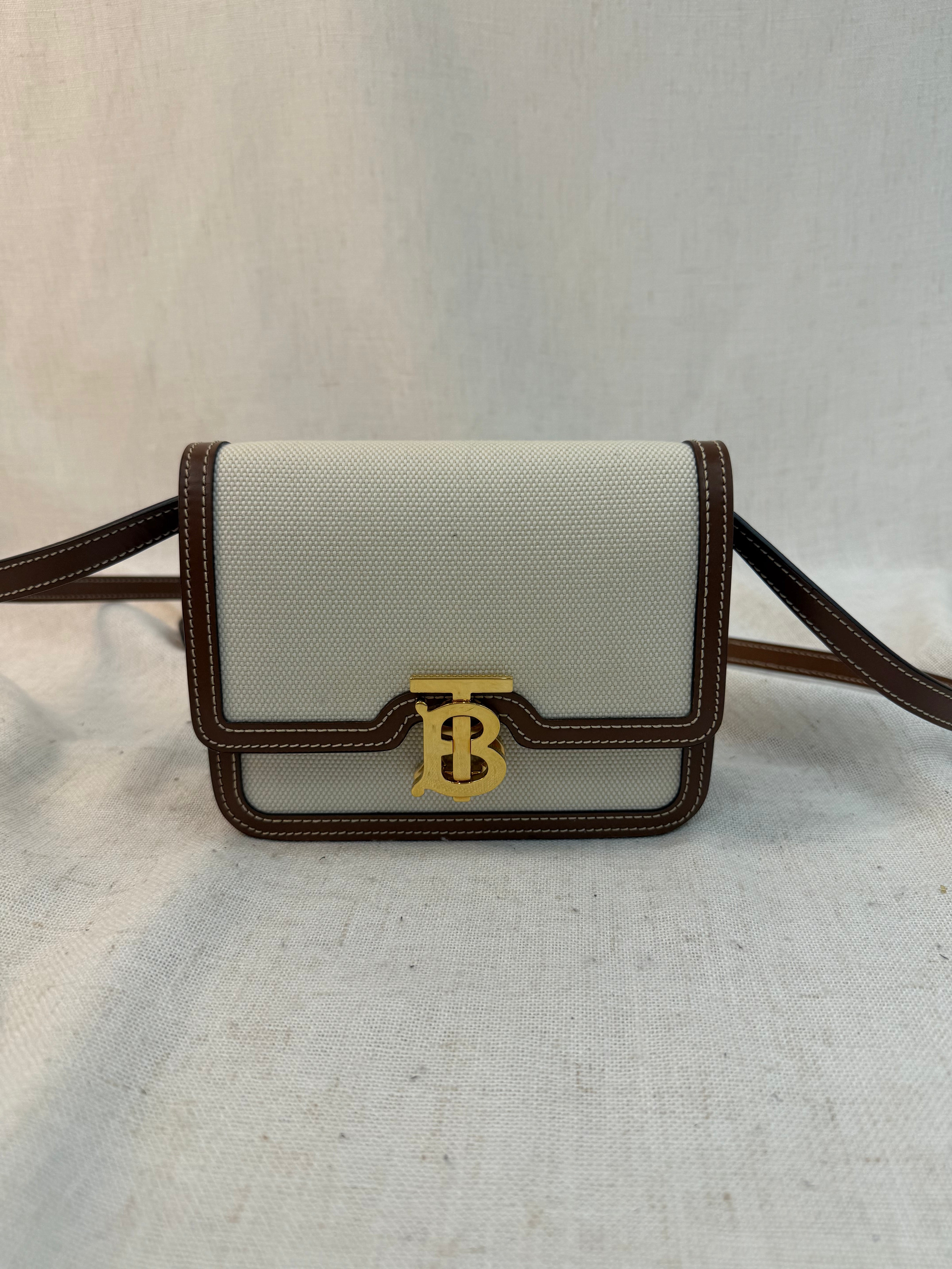 LIKE NEW- Burberry Natural Canvas & Leather Small TB Crossbody