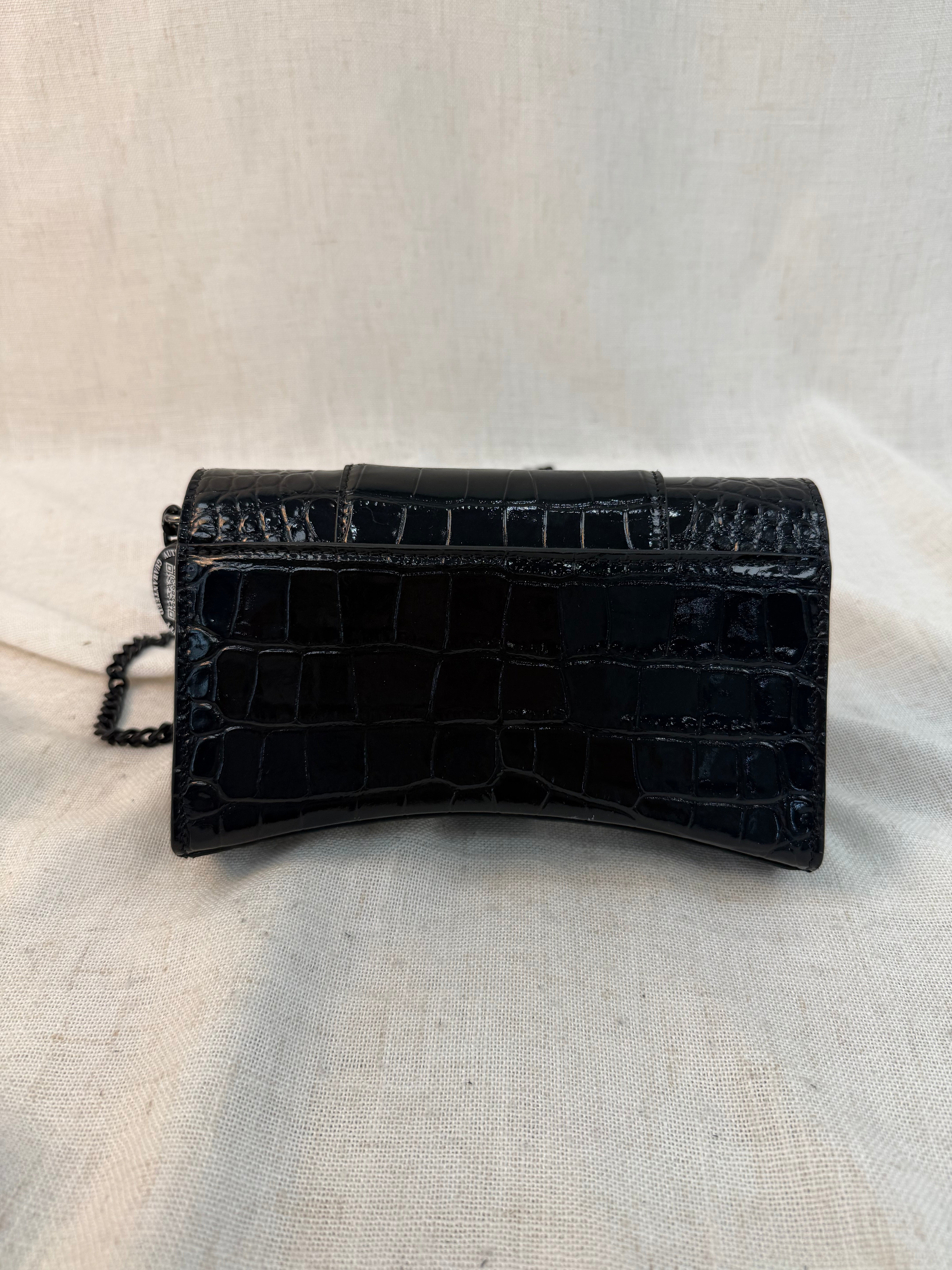 Balenciaga Black Croc Embossed Monochrome Hourglass Wallet on a Chain