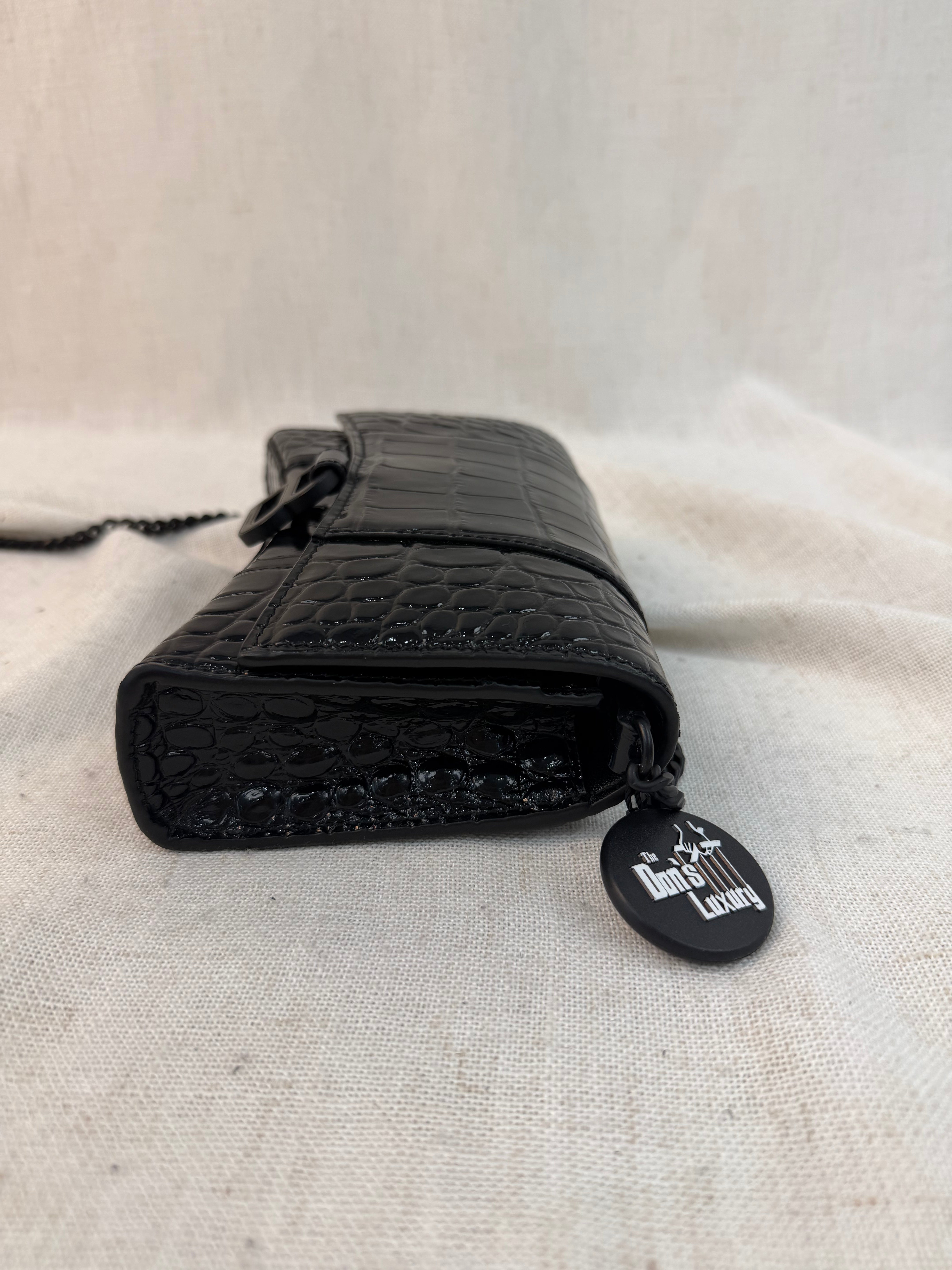 Balenciaga Black Croc Embossed Monochrome Hourglass Wallet on a Chain